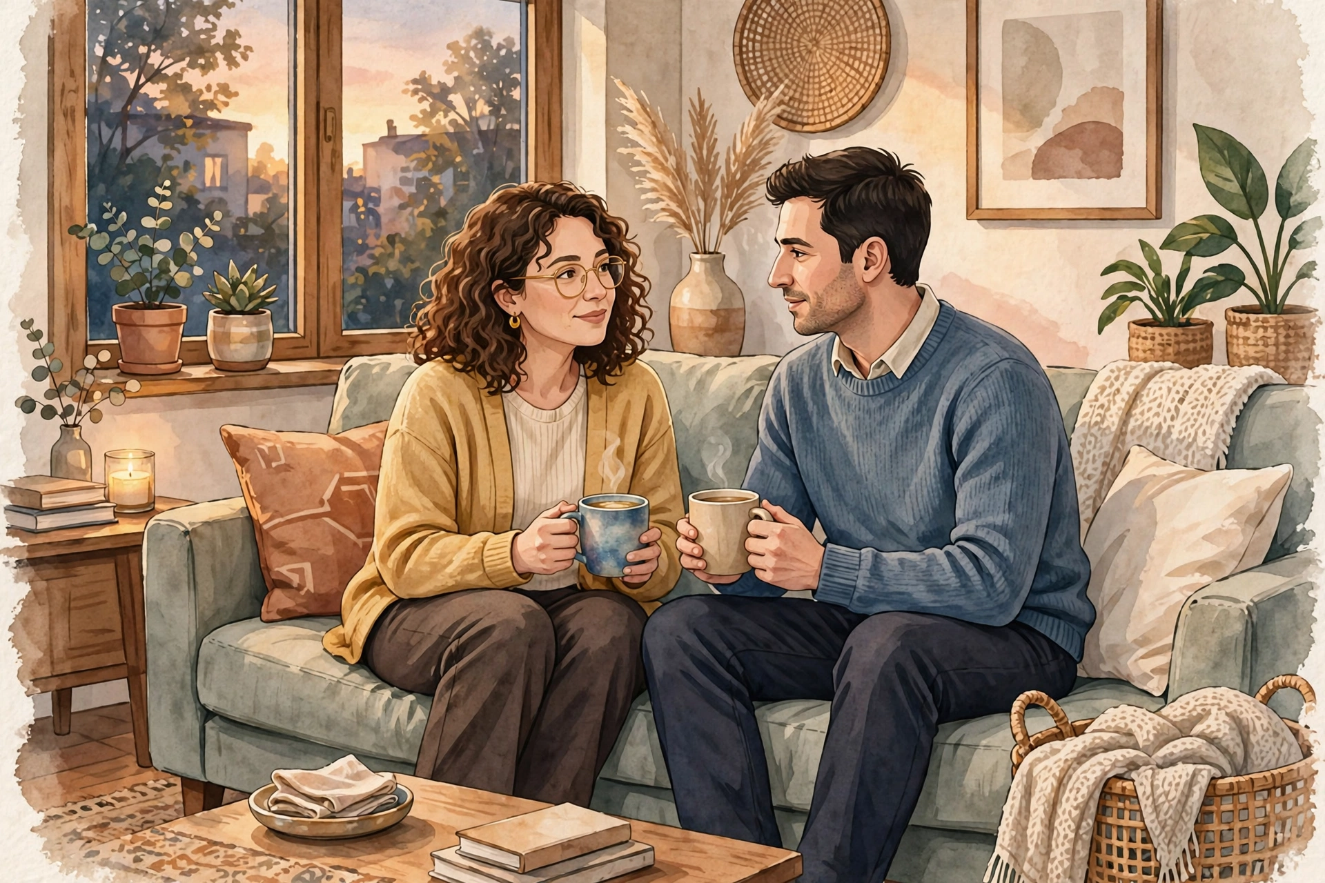 Couple having a calm, supportive conversation on a couch in a cozy living room.