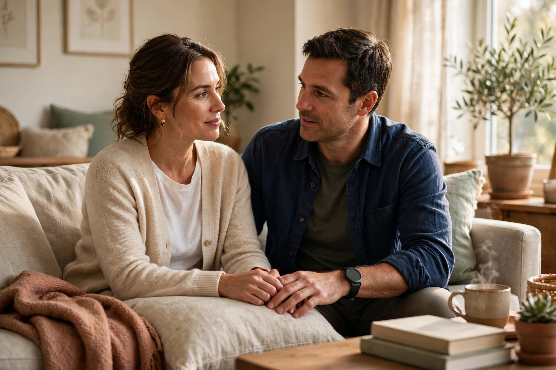 A couple sitting close together on a sofa in a bright living room, having an open conversation about medication and sexual health