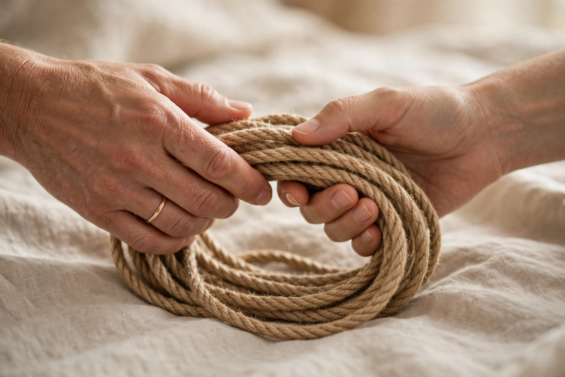 Two adults' hands holding a coil of natural fiber rope on neutral linen, symbolizing trust and communication in BDSM safety for beginners