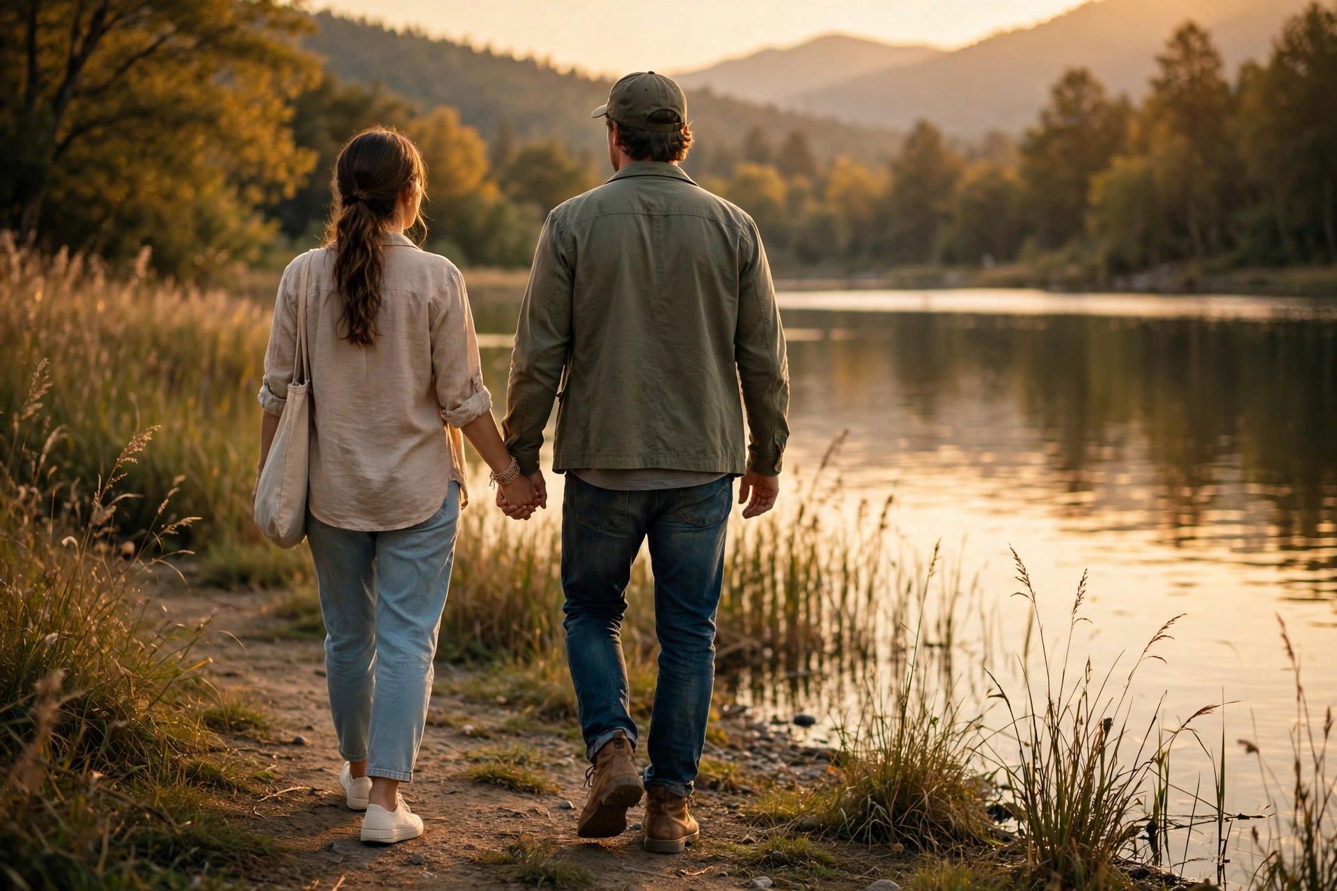 A fully clothed couple holding hands while walking beside a lake at sunset, symbolizing rebuilt trust and intimacy after trauma