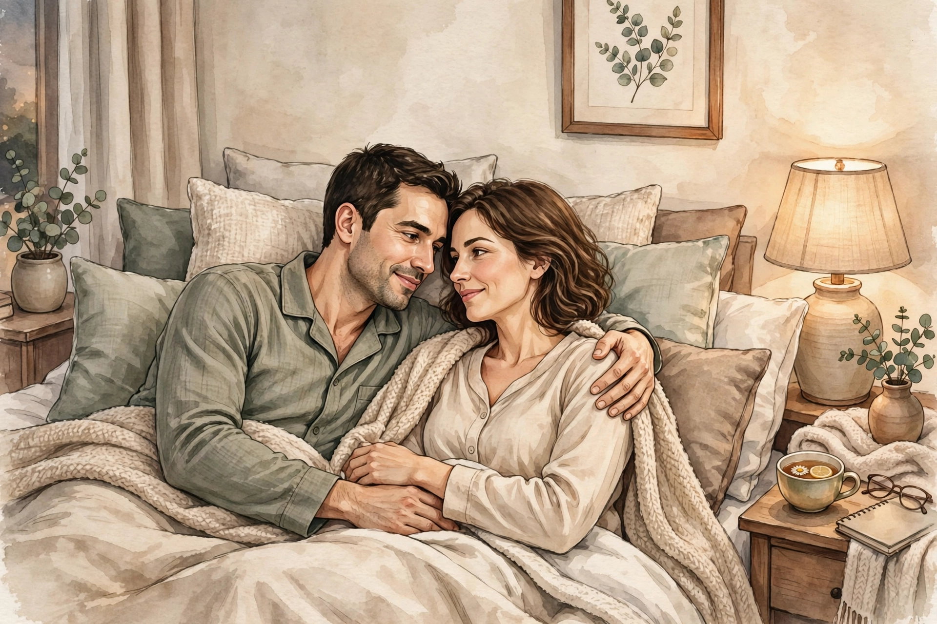A couple embracing in bed in comfortable sleepwear, illustrating rebuilding intimacy after stroke