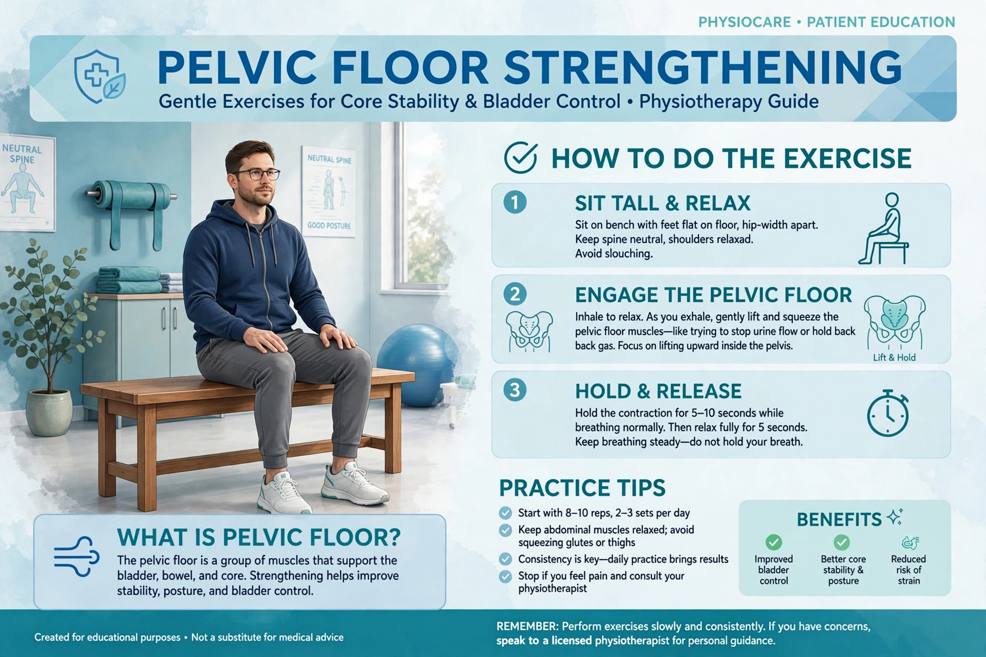 Physiotherapy infographic poster showing a fully clothed man demonstrating pelvic floor strengthening exercise steps: sit tall, engage the pelvic floor, hold and release