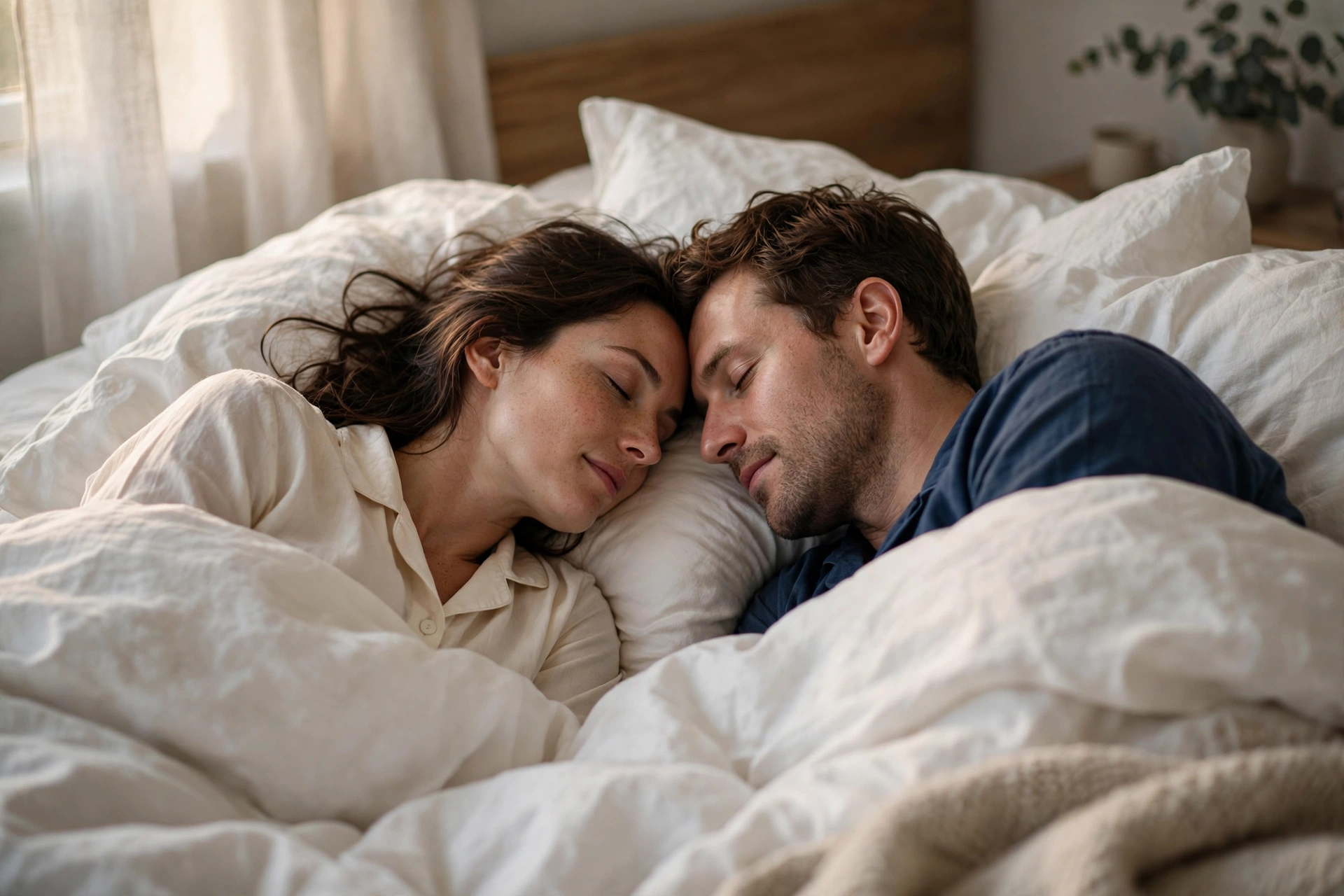 Couple in pajamas lying side by side in bed at dawn, foreheads gently touching in tender non-sexual morning affection