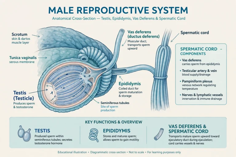 Medical illustration of male reproductive anatomy showing testicular atrophy causes