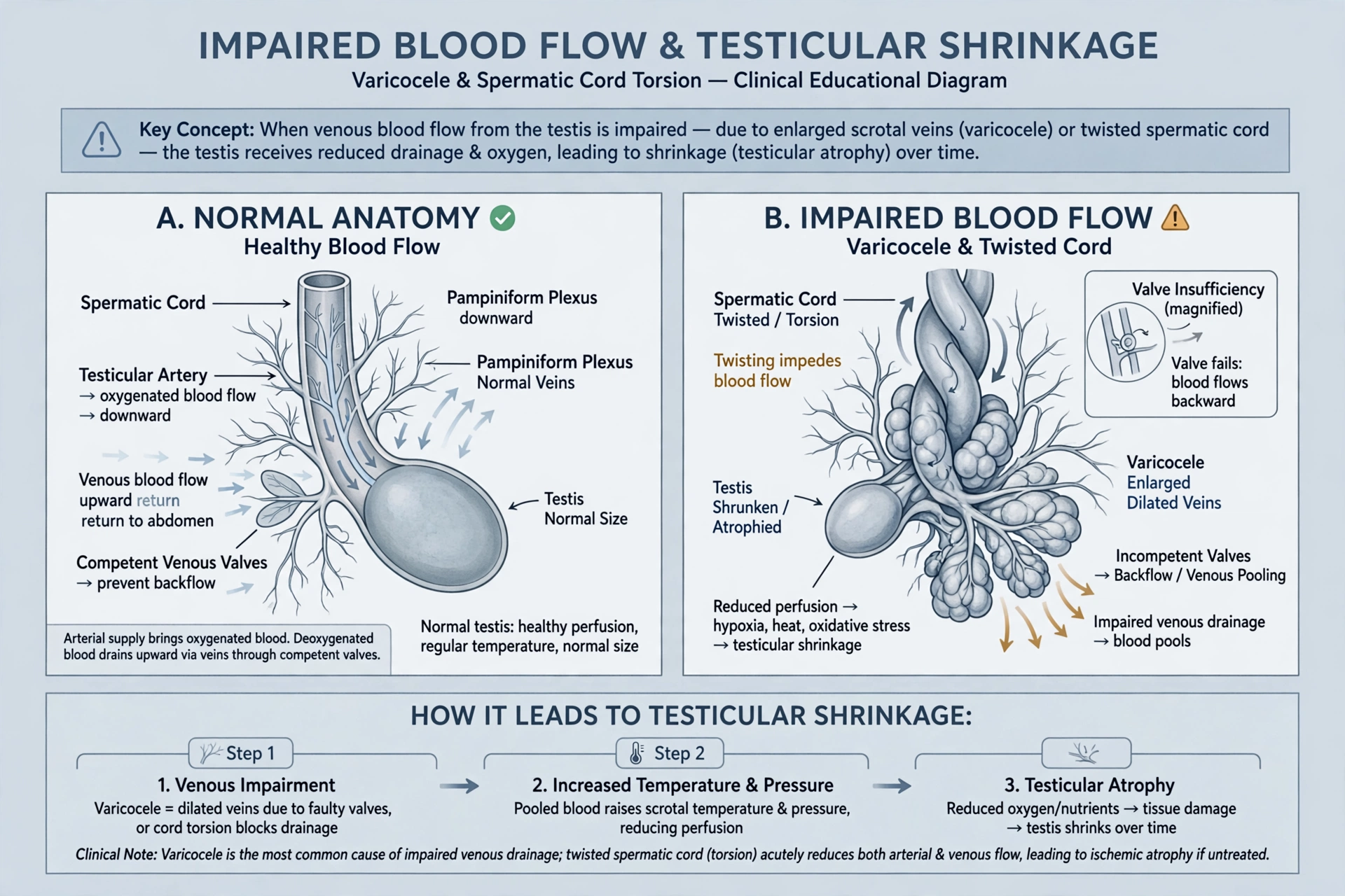 Clinical diagram of impaired blood flow from varicocele and torsion, common causes of testicular atrophy