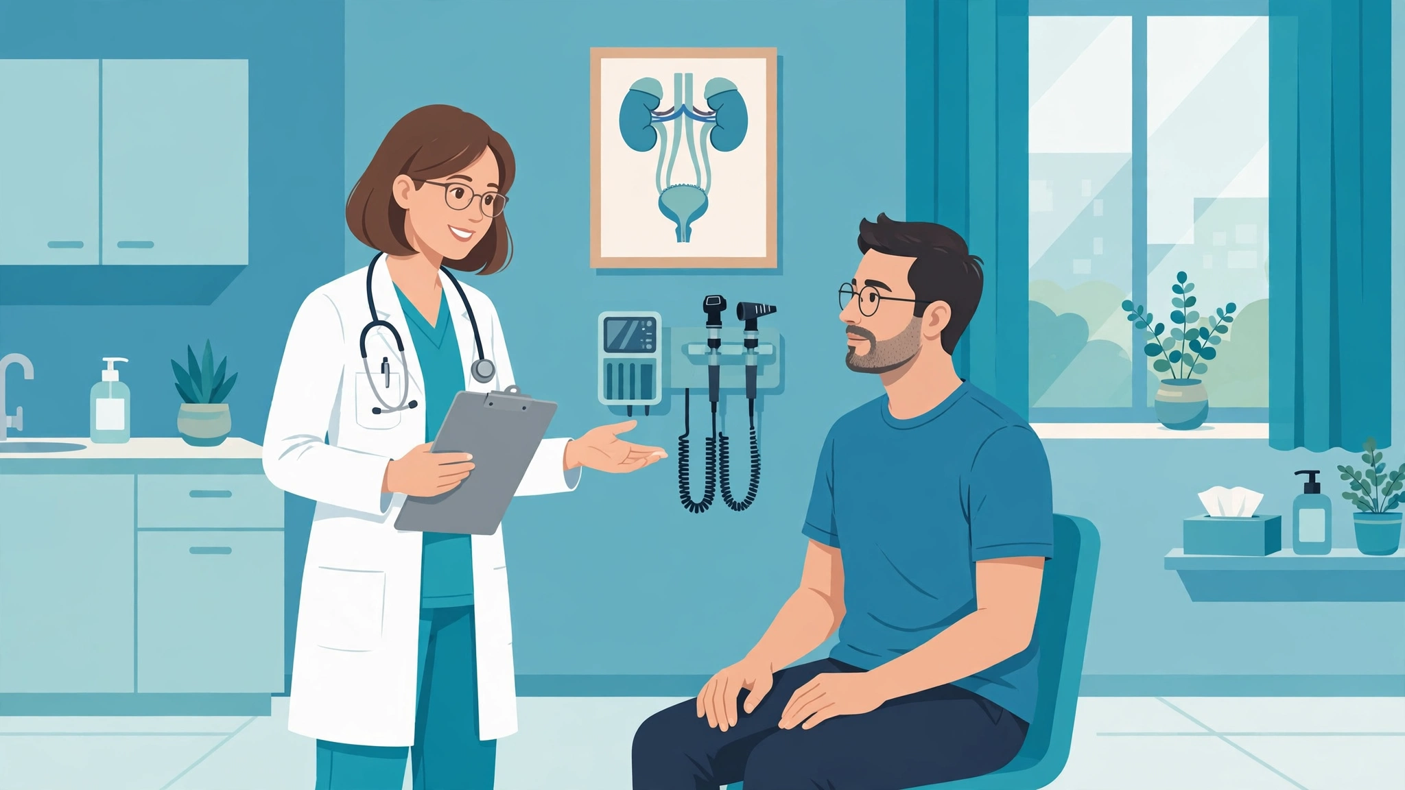 Illustration of a urologist consultation for testicular pain causes evaluation