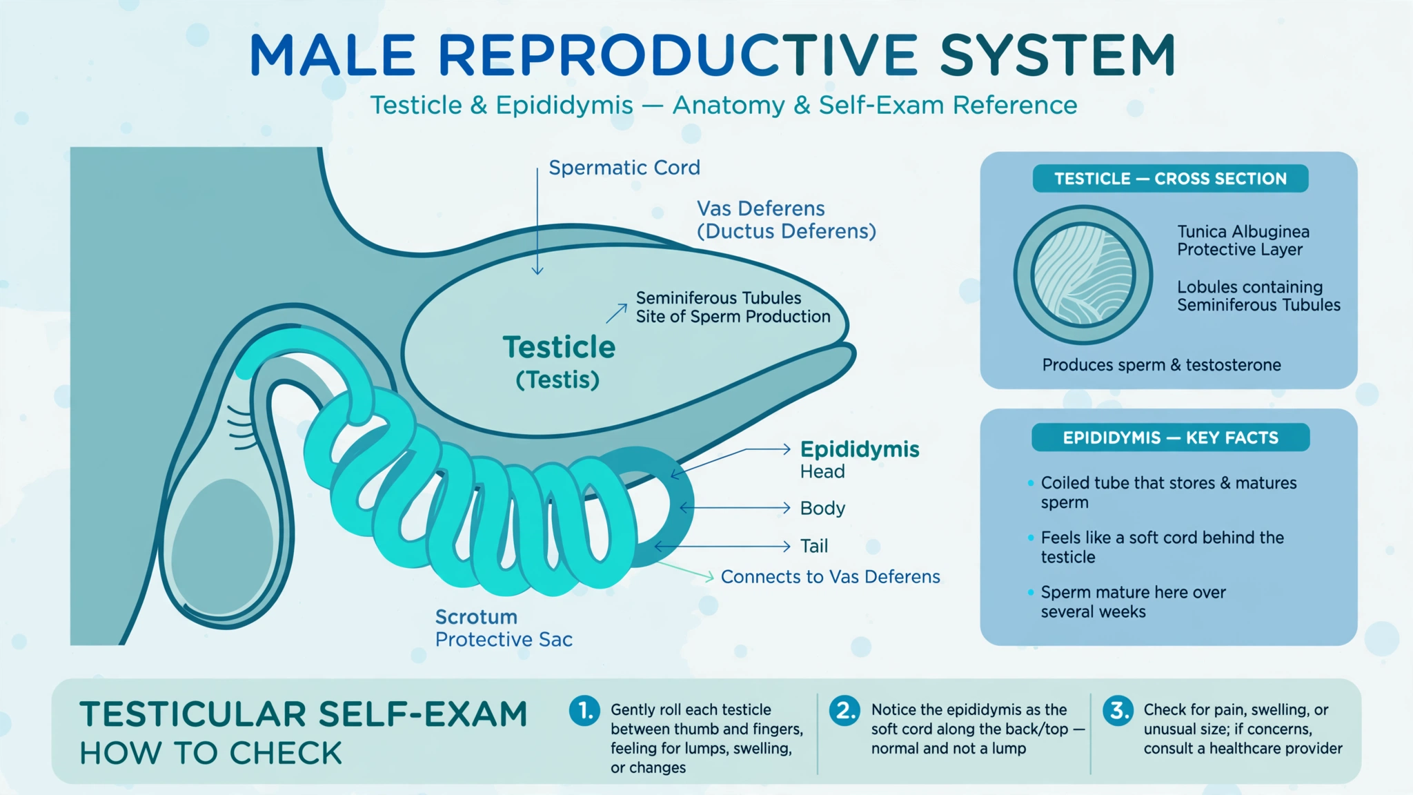 Medical illustration of the testicle and epididymis anatomy as a reference for a testicular self-exam