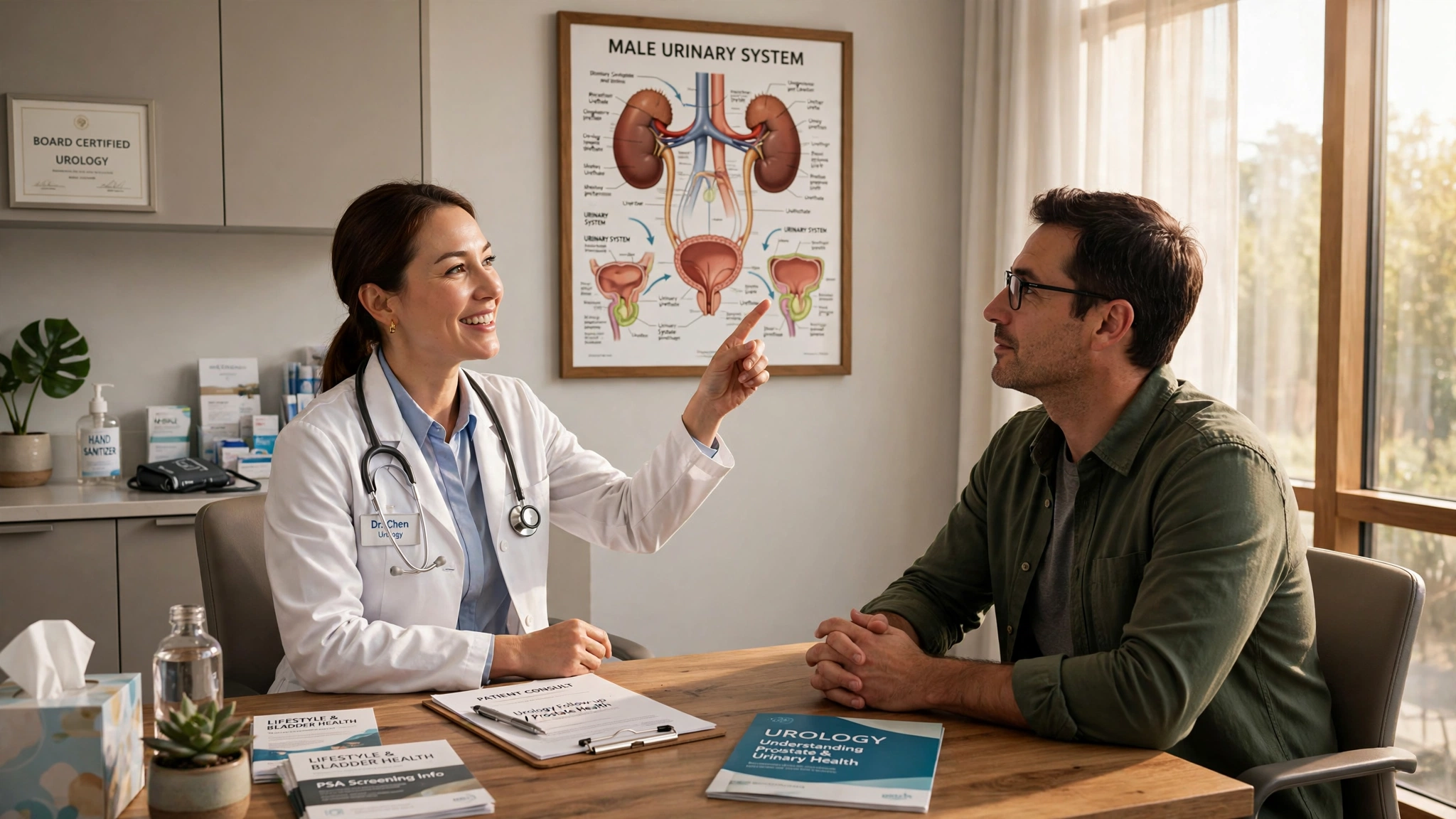 Urologist explaining testicular self-exam technique to a patient during a clinic consultation