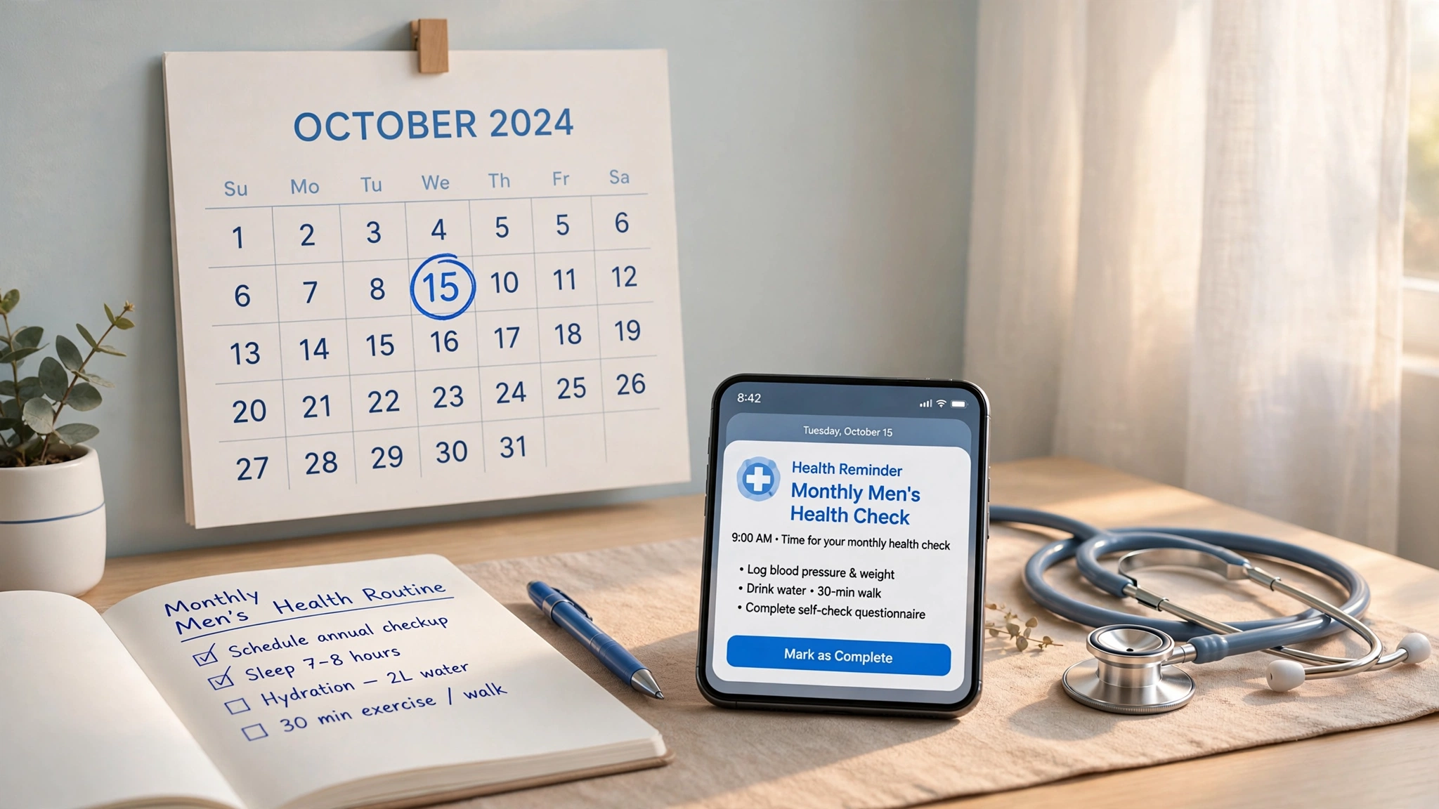 Calendar, phone reminder, and stethoscope arranged to show a monthly men's health check routine