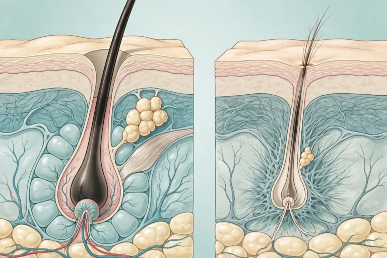Medical illustration comparing a healthy hair follicle with a miniaturized follicle, showing the testosterone hair loss DHT connection