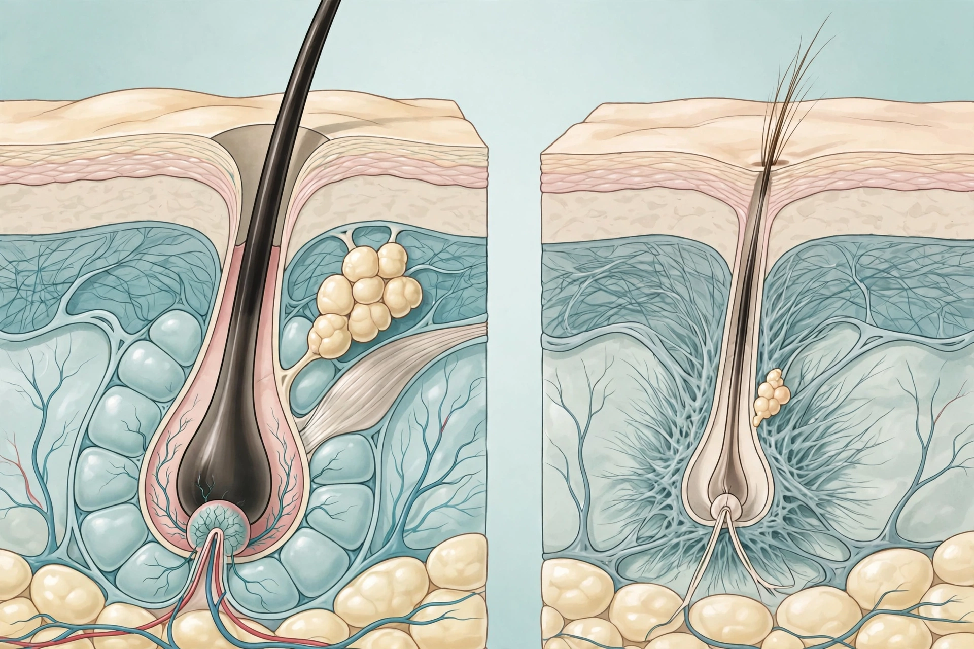 Medical illustration comparing a healthy hair follicle with a miniaturized follicle, showing the testosterone hair loss DHT connection