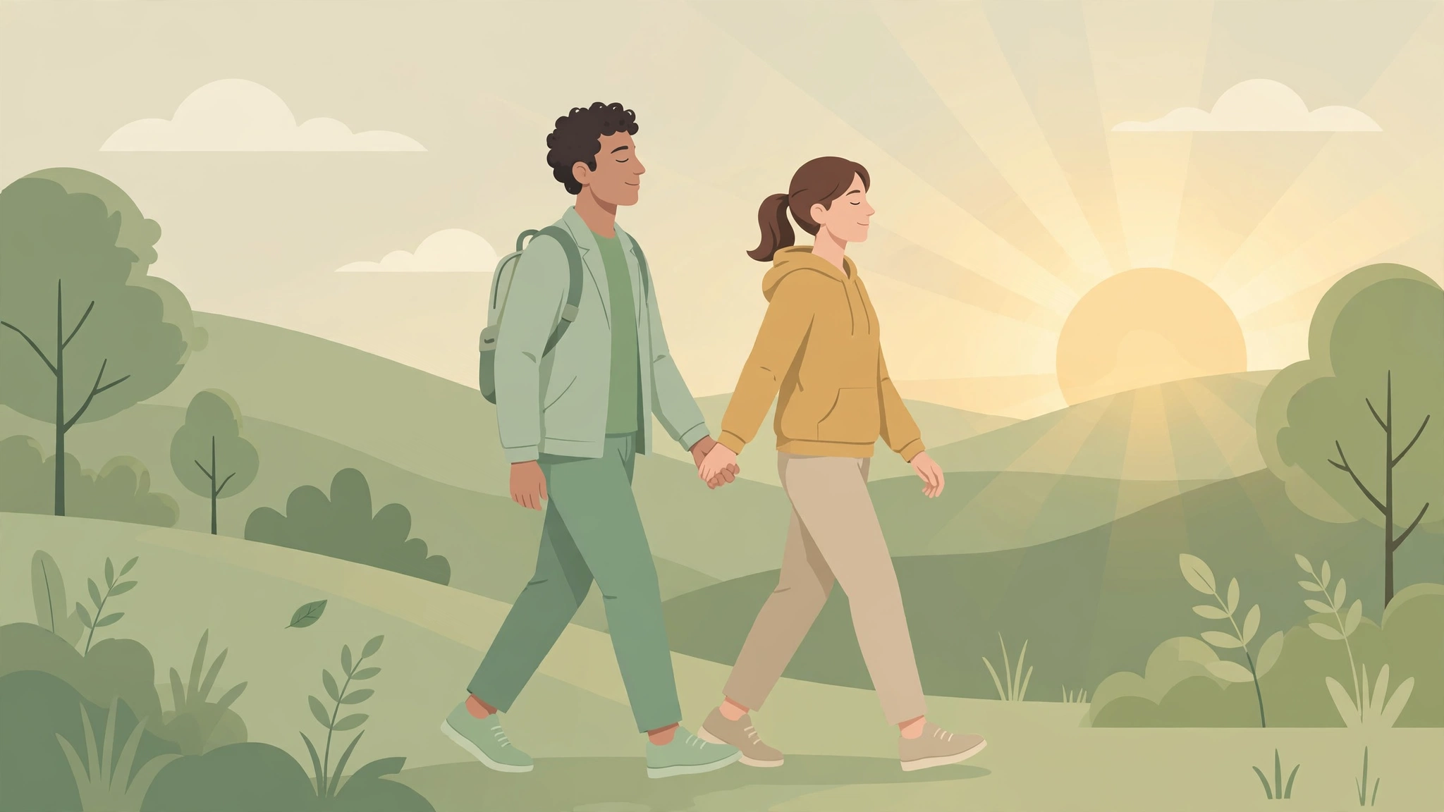Couple taking a sunrise walk together to rebuild energy and connection