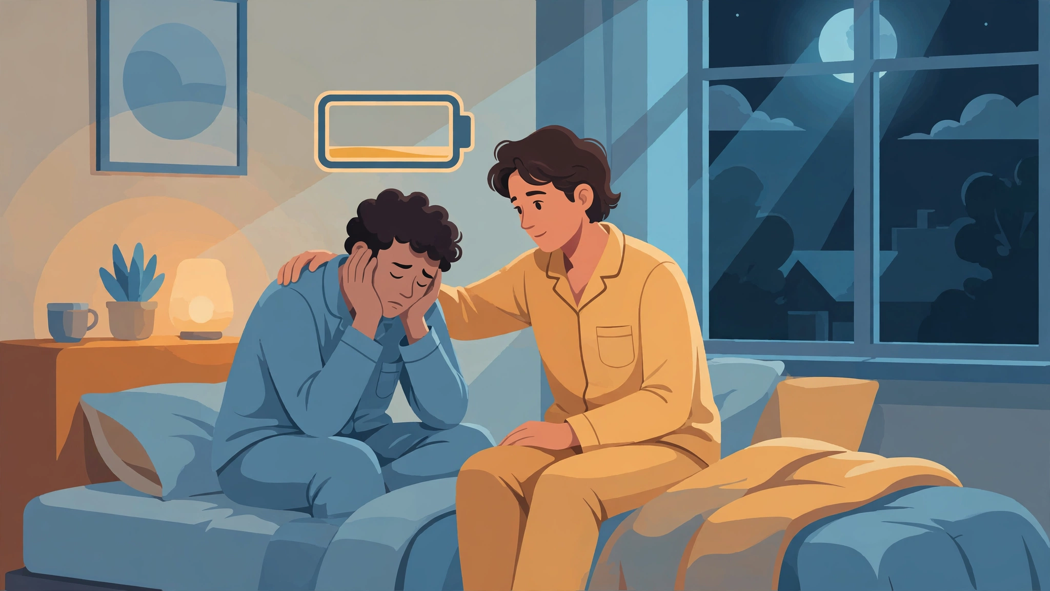 Too tired for sex explained: exhausted couple resting together on a bed at night