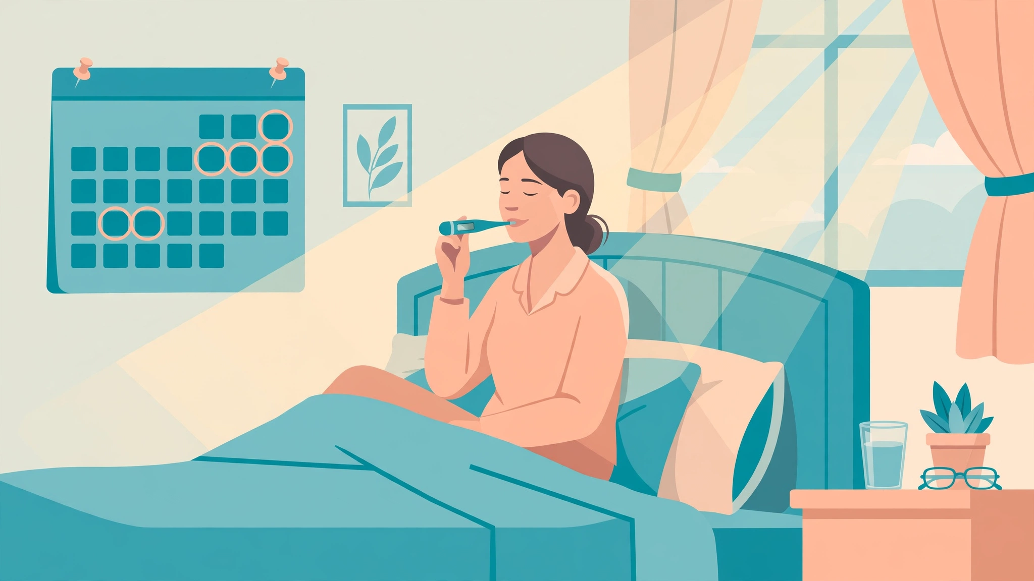 Woman learning to track fertile window ovulation with morning temperature charting