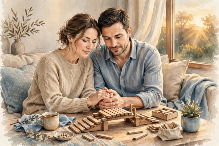 Editorial illustration of a married couple holding hands while a small bridge is rebuilt plank by plank on their coffee table, symbolizing trust building in marriage