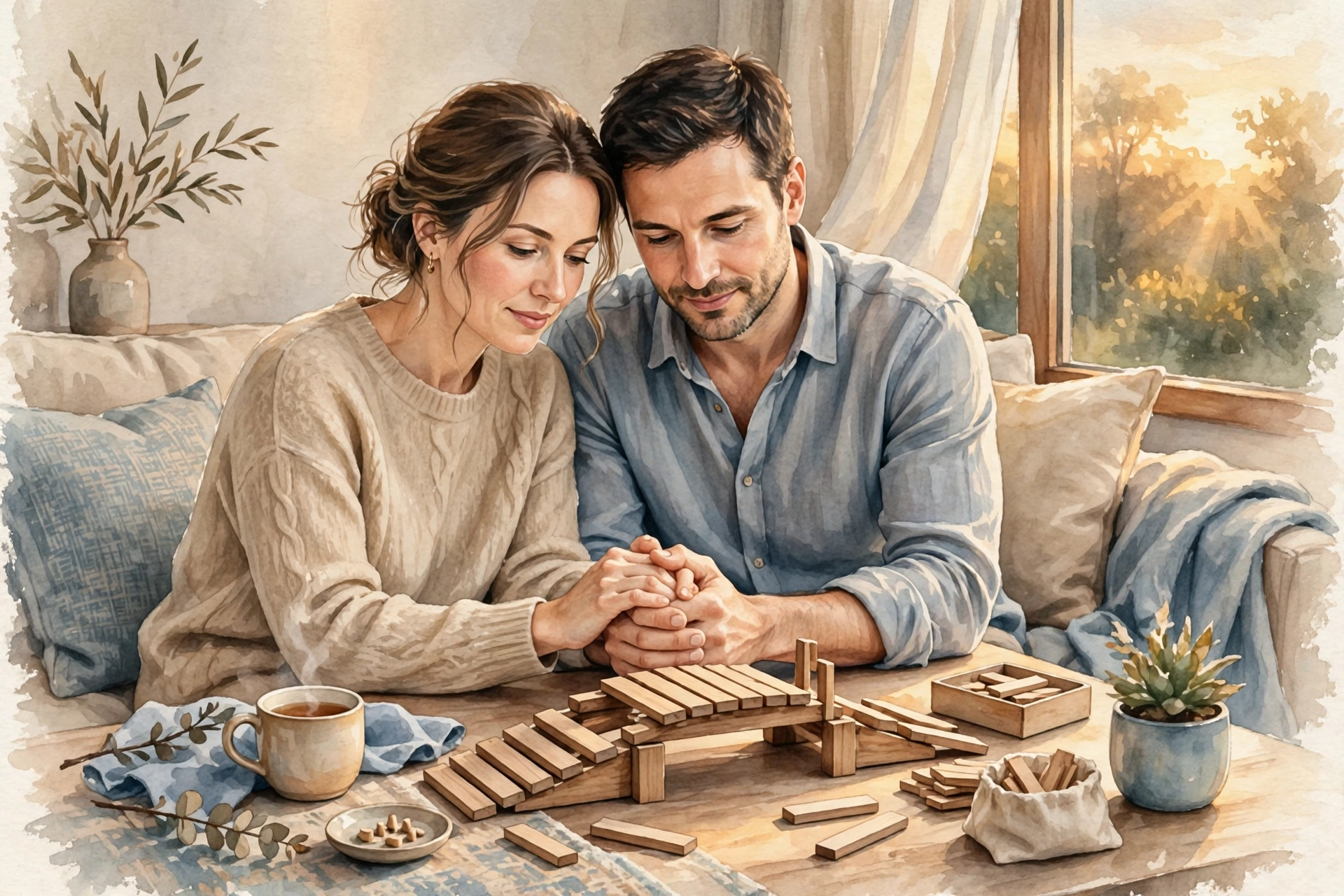 Editorial illustration of a married couple holding hands while a small bridge is rebuilt plank by plank on their coffee table, symbolizing trust building in marriage