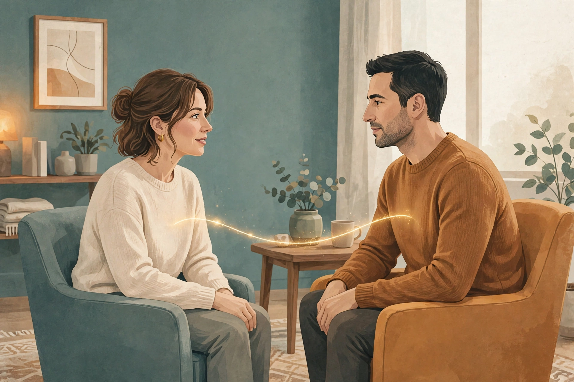 Illustration of a married couple in calm, respectful conversation in a warm therapy-office setting, with a soft glowing thread connecting them as a metaphor for emotional attunement