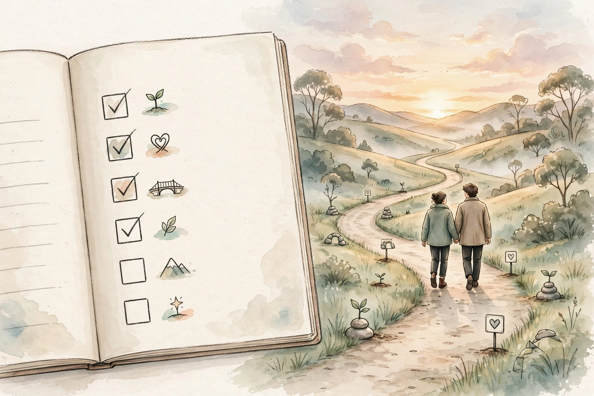 Illustration of an open journal with weekly check-in milestones beside a couple walking a path toward a sunrise, representing a structured plan for rebuilding trust over time