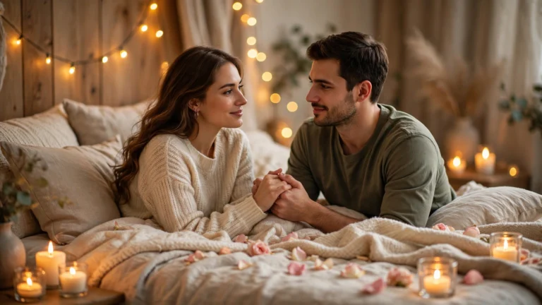 Couple holding hands on a cozy candlelit bed with rose petals