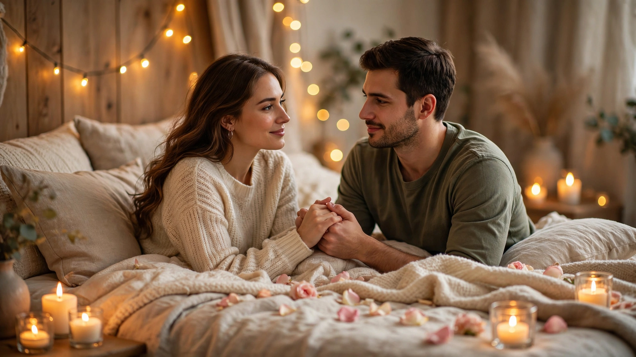 Couple holding hands on a cozy candlelit bed with rose petals