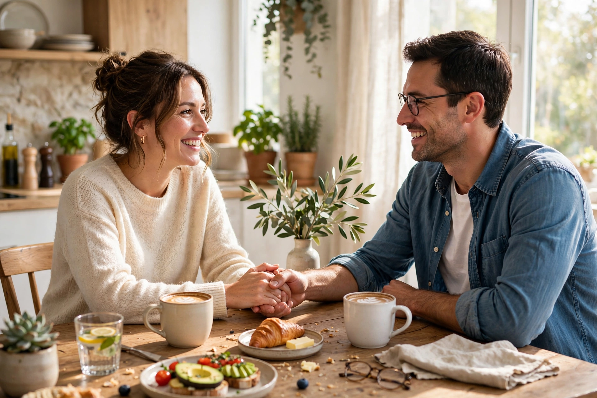 Happy couple talking and holding hands over morning coffee, trying new things in bed