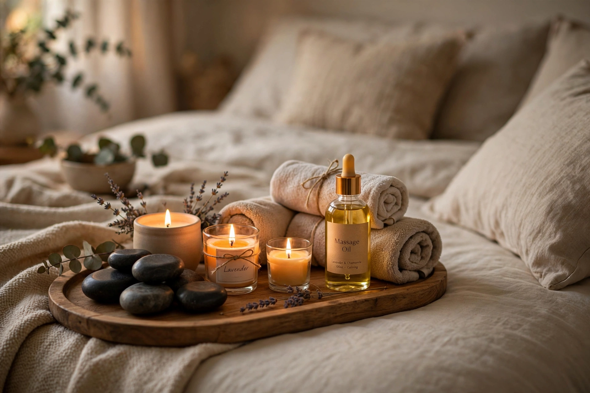 Massage oil, candles and towels arranged on a spa tray