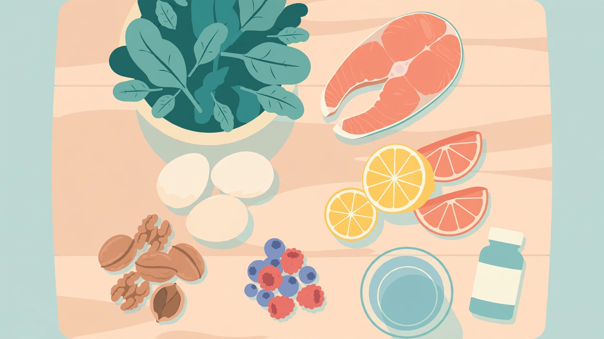 Flat-lay of fertility-friendly foods including leafy greens, salmon, eggs and nuts for couples trying to conceive