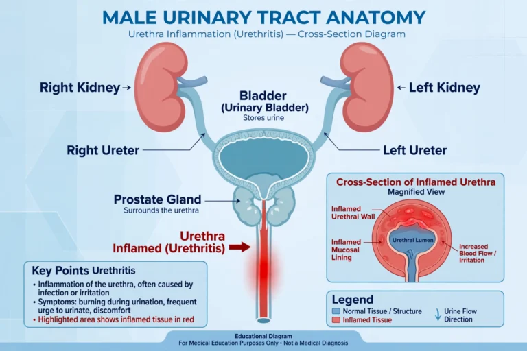 Educational anatomical diagram of the male urinary tract with the urethra highlighted as inflamed, illustrating urethritis in men symptoms and urethral inflammation