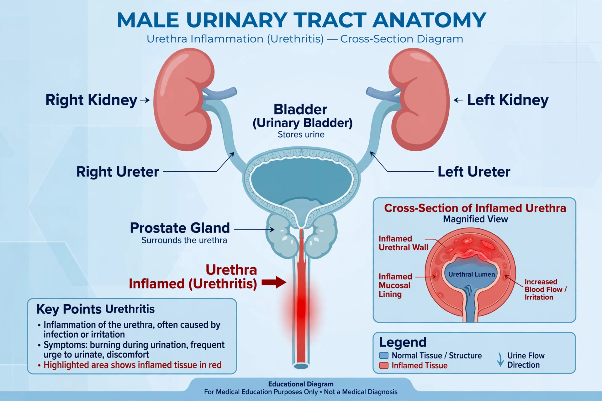 Educational anatomical diagram of the male urinary tract with the urethra highlighted as inflamed, illustrating urethritis in men symptoms and urethral inflammation