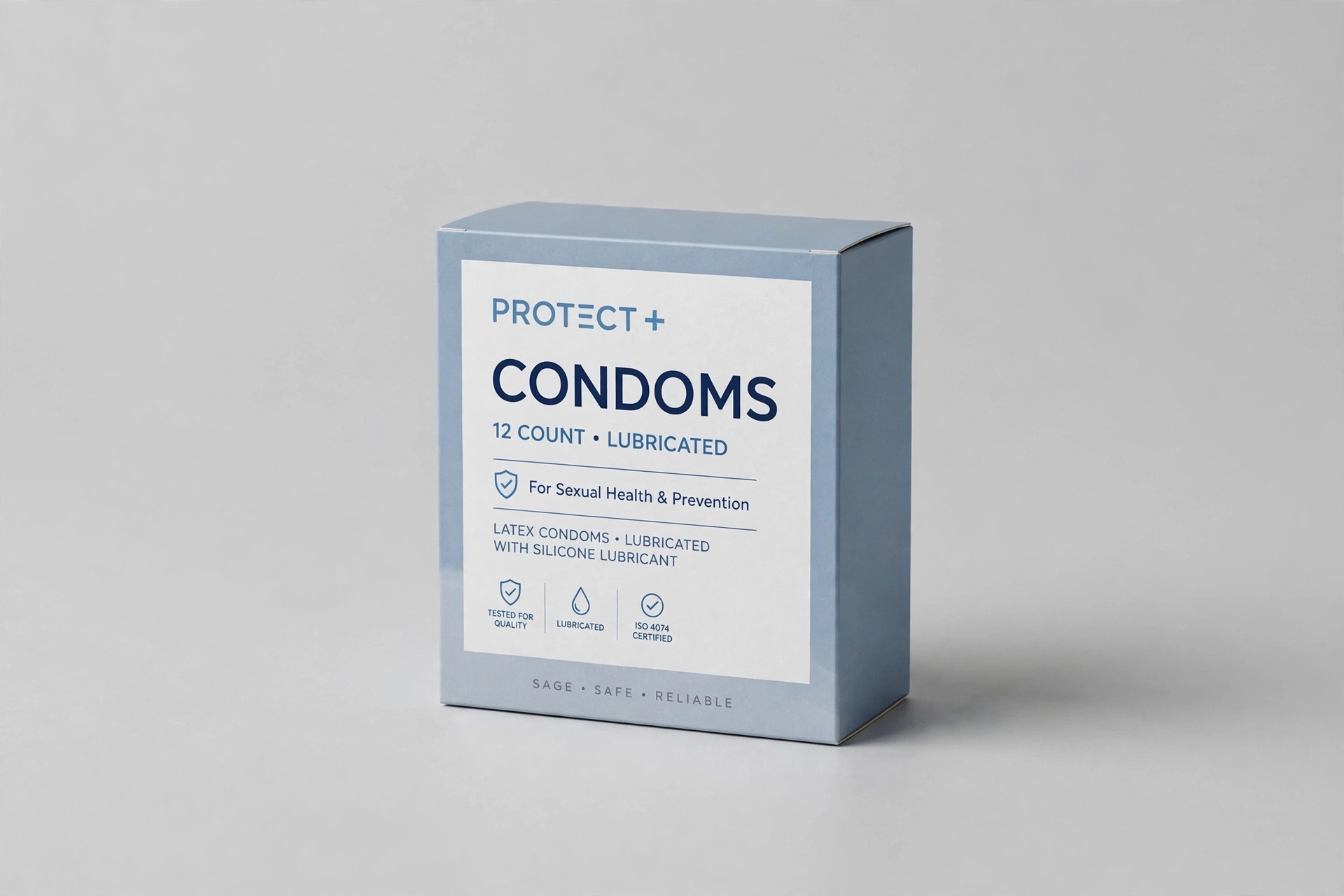 Box of lubricated condoms for sexual health and urethritis prevention, product photography on a neutral background