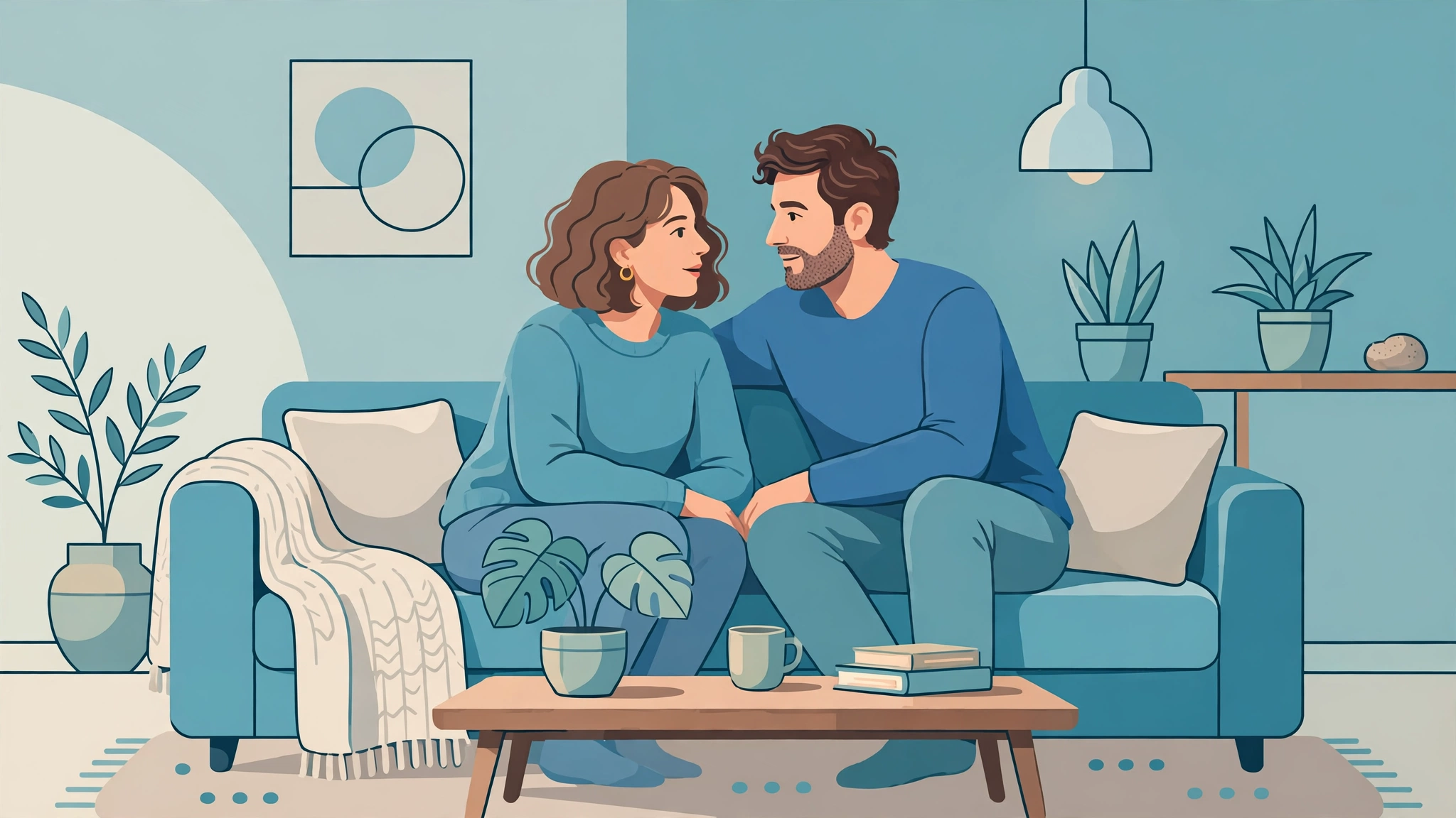 Couple having a calm, supportive conversation about intimacy and urinary incontinence