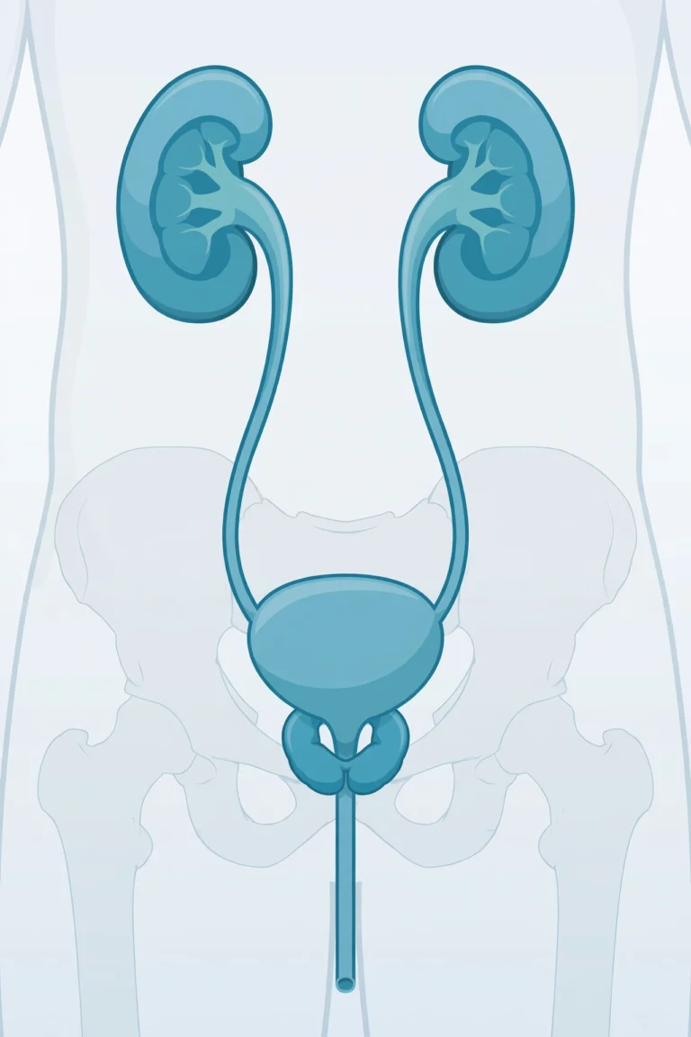 Clinical illustration of the male urinary tract showing the kidneys, ureters, bladder, urethra and prostate, highlighting where uti symptoms men originate
