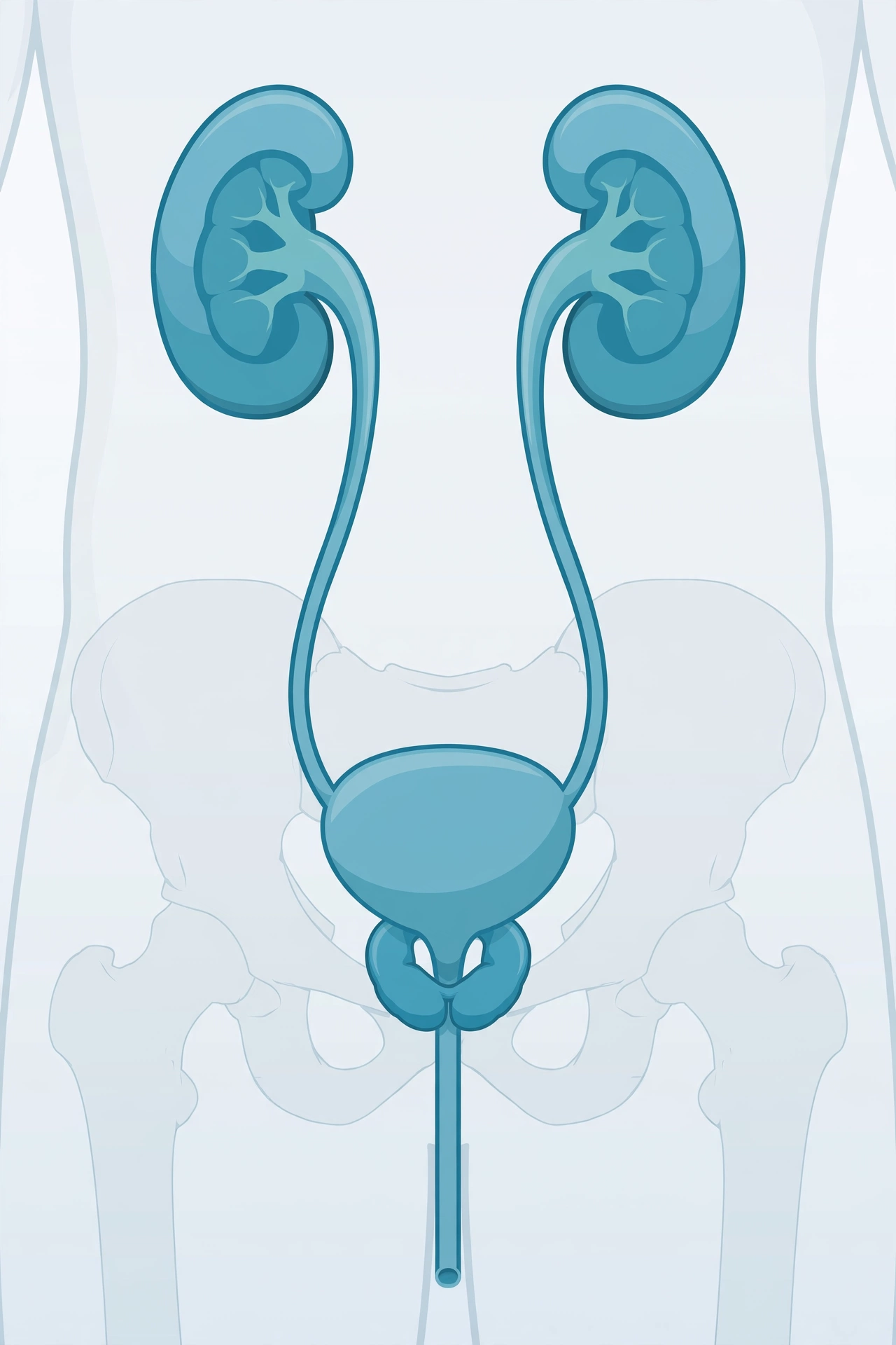 Clinical illustration of the male urinary tract showing the kidneys, ureters, bladder, urethra and prostate, highlighting where uti symptoms men originate