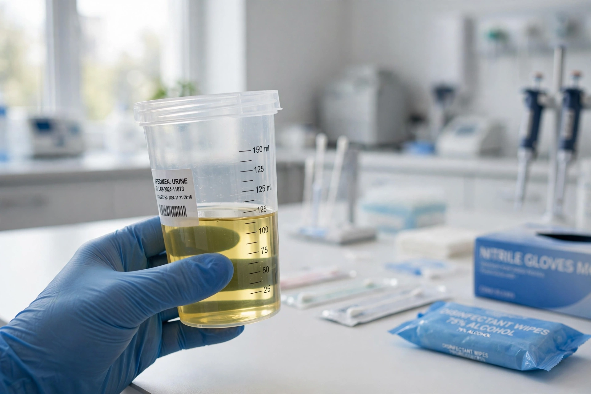 uti symptoms men - A gloved hand holding a clear urine sample collection cup in a modern medical laboratory for UTI testing