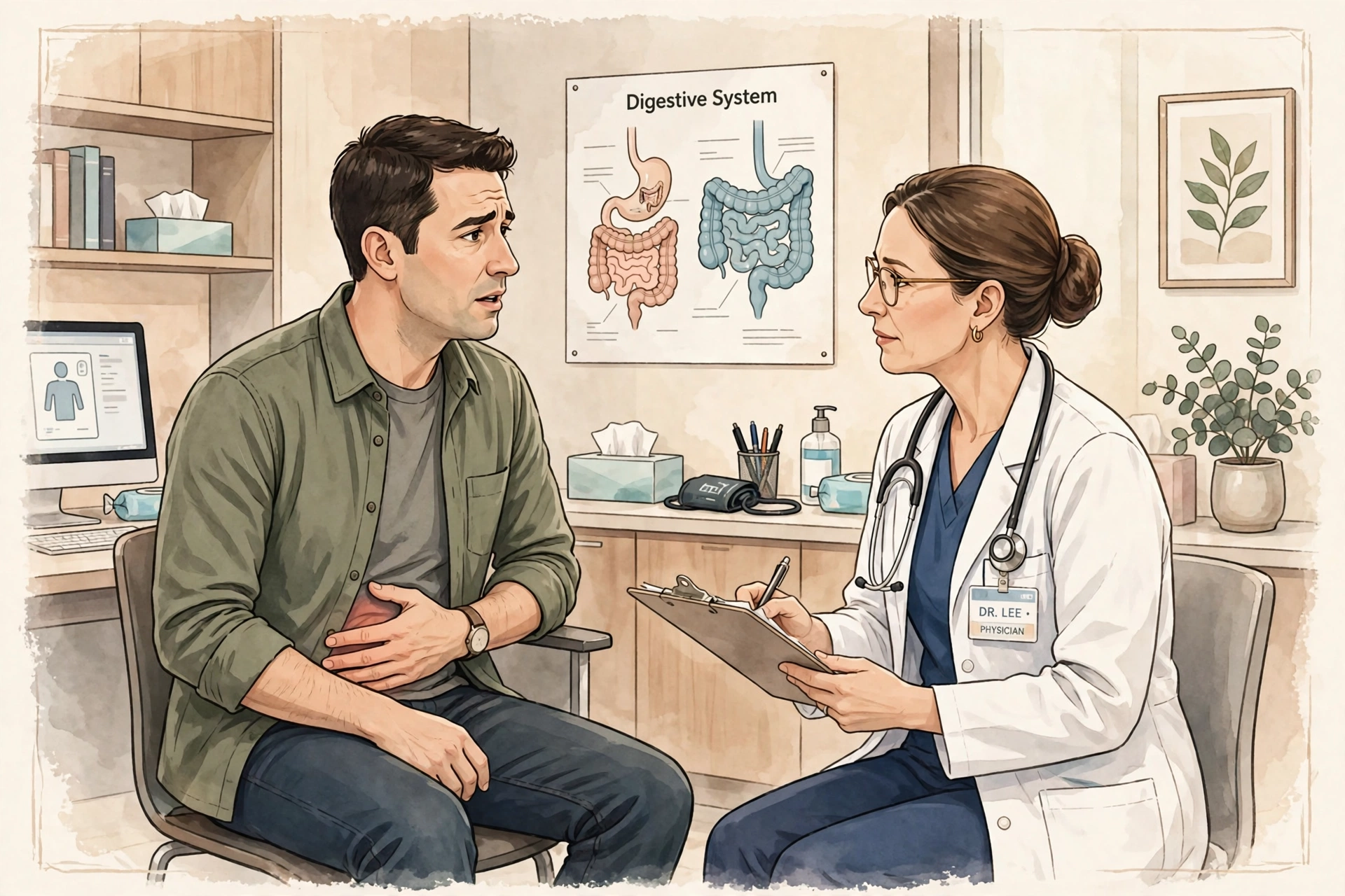 A man describing lower-abdominal and urinary symptoms to his doctor during a consultation about uti symptoms men