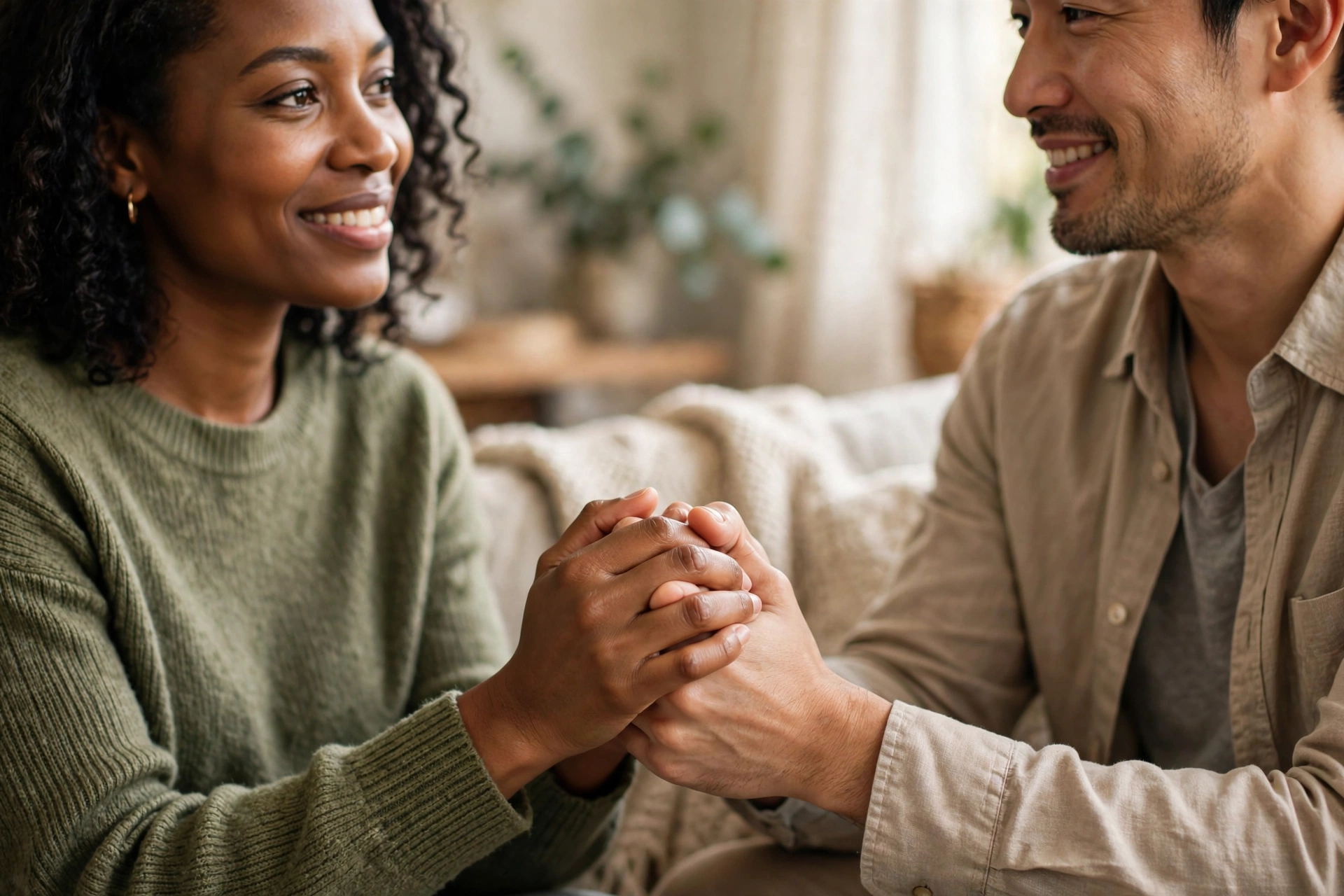 undetectable untransmittable - Adult couple holding hands on a couch in warm light, showing trust and open communication for couples living with U=U