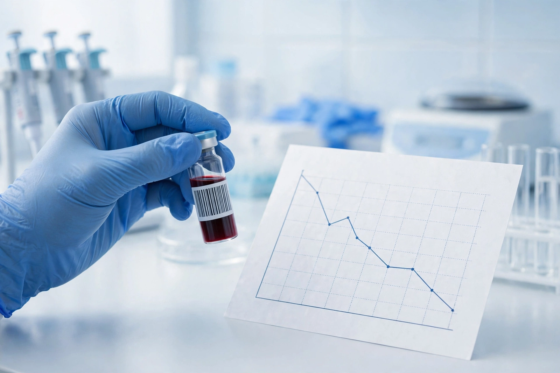 undetectable untransmittable - Gloved healthcare worker holding a blood sample vial beside a declining viral load chart during HIV lab testing
