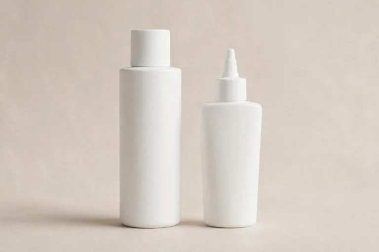 Two plain white feminine wellness bottles, representing a vaginal moisturizer vs lubricant comparison, on a soft beige background