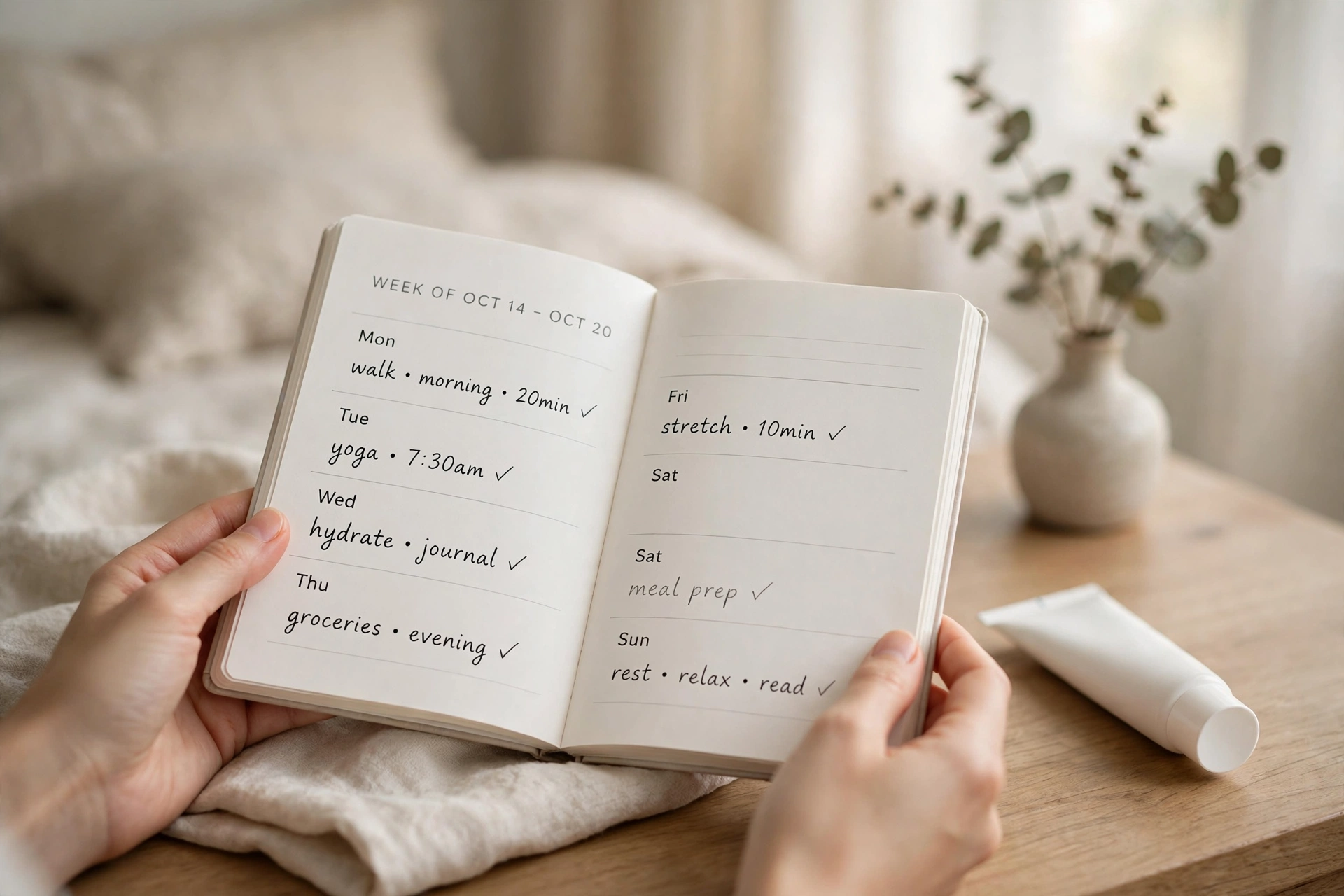 Hands holding an open weekly planner beside a plain cream tube on a nightstand, illustrating a regular vaginal moisturizer routine