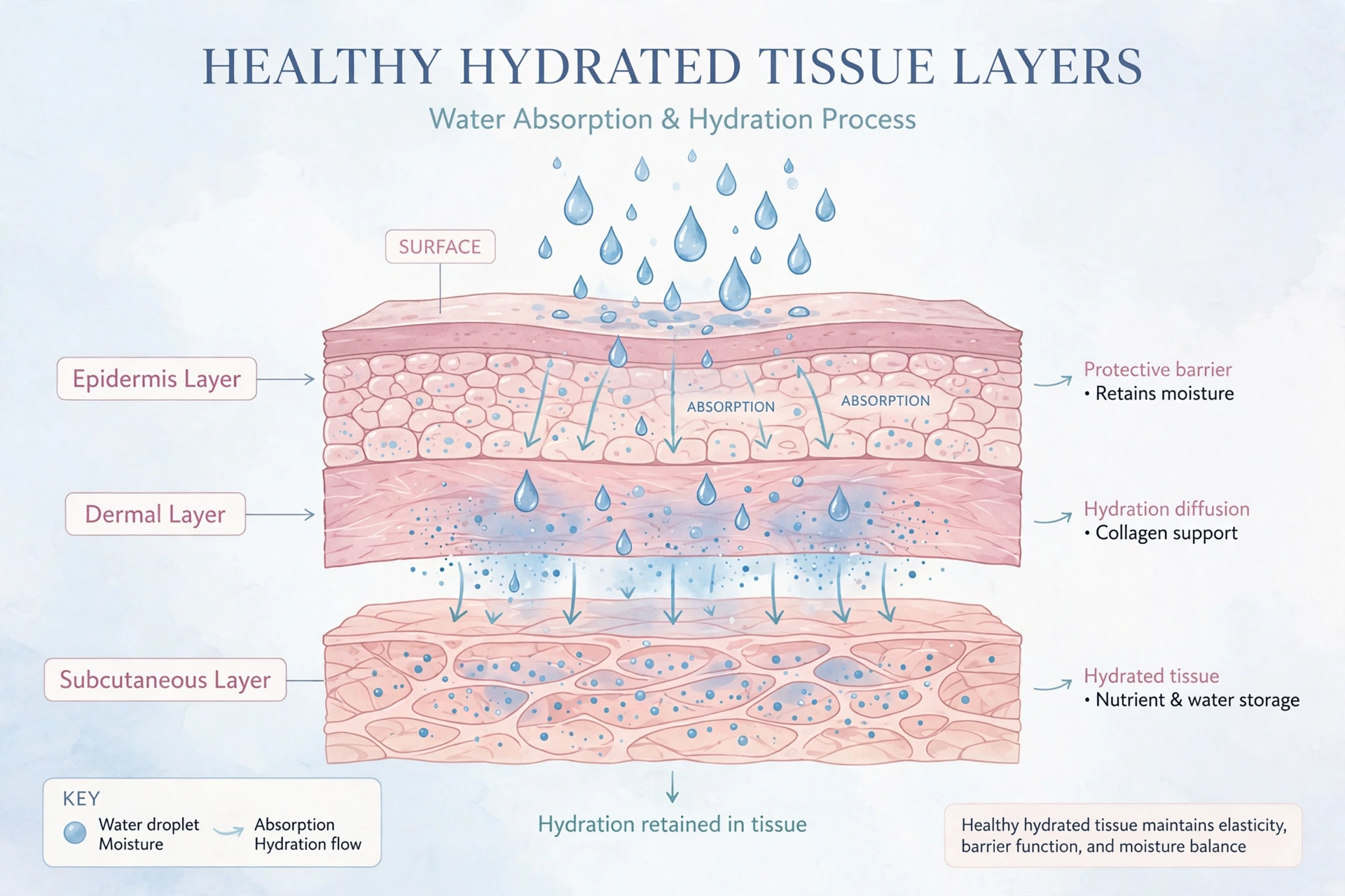 Educational diagram showing water absorption and hydration flowing through healthy hydrated tissue layers
