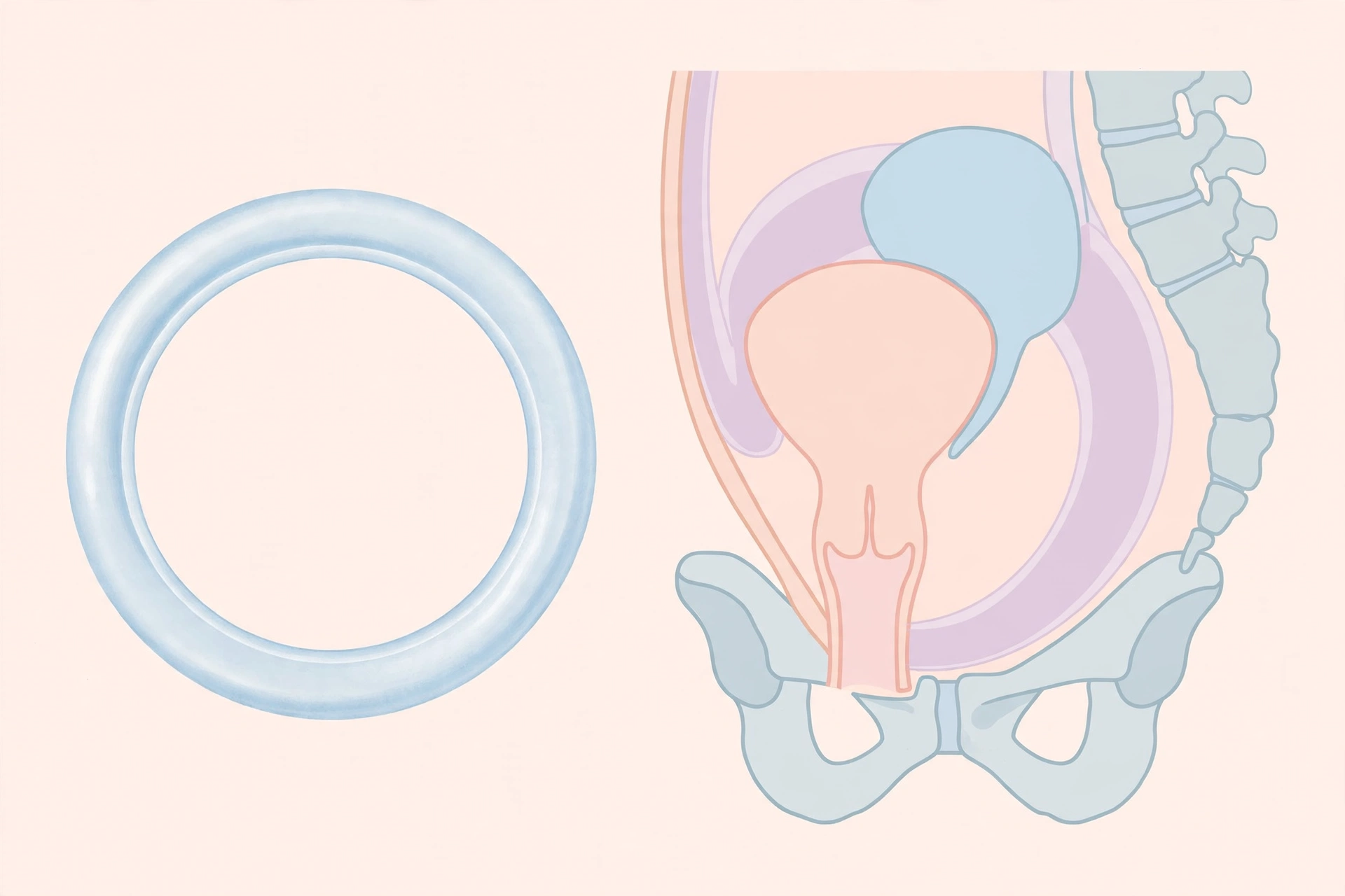 Clinical illustration of a flexible vaginal contraceptive ring beside a schematic pelvic anatomy diagram
