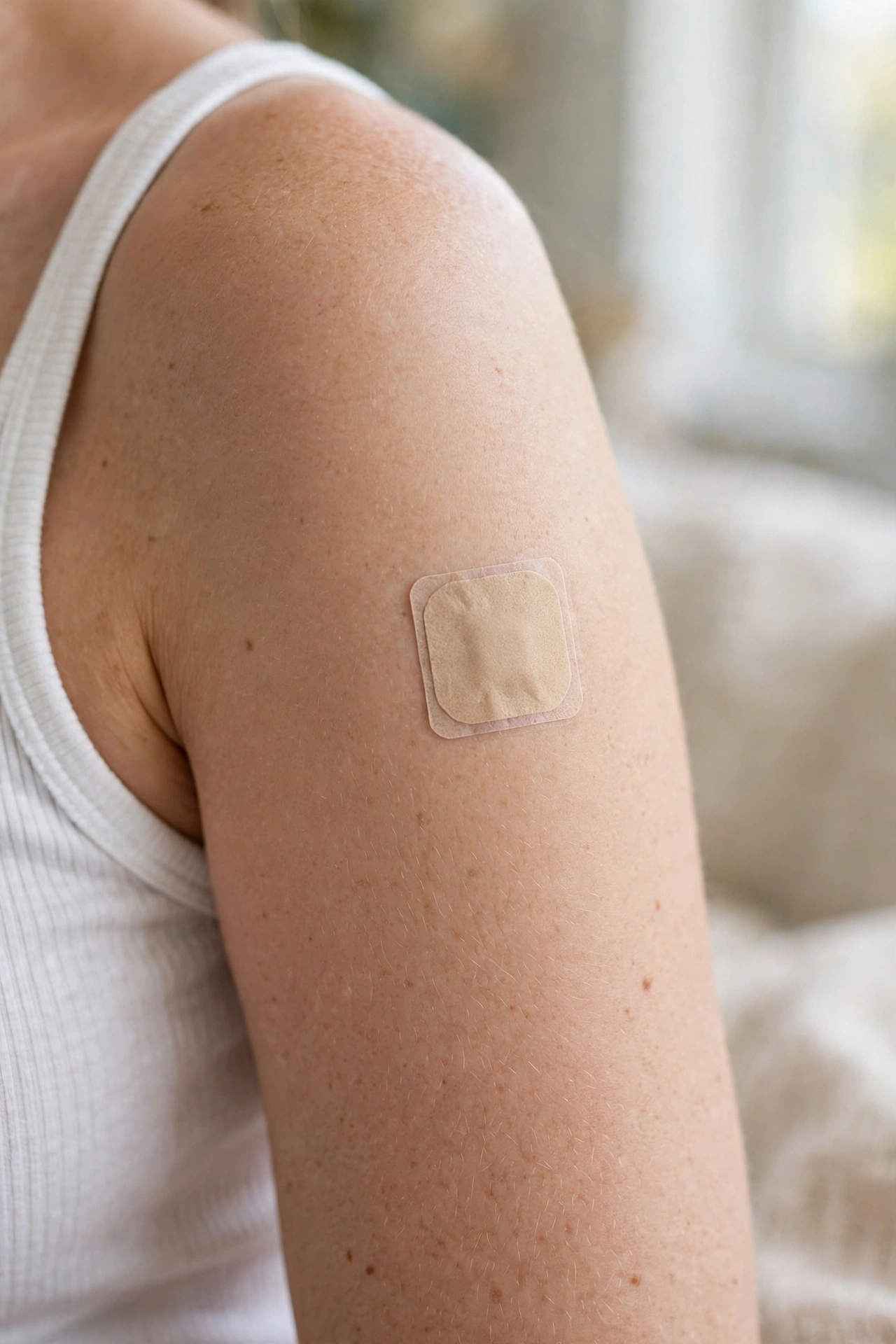 Close-up photo of a beige birth control patch worn on a woman's upper arm