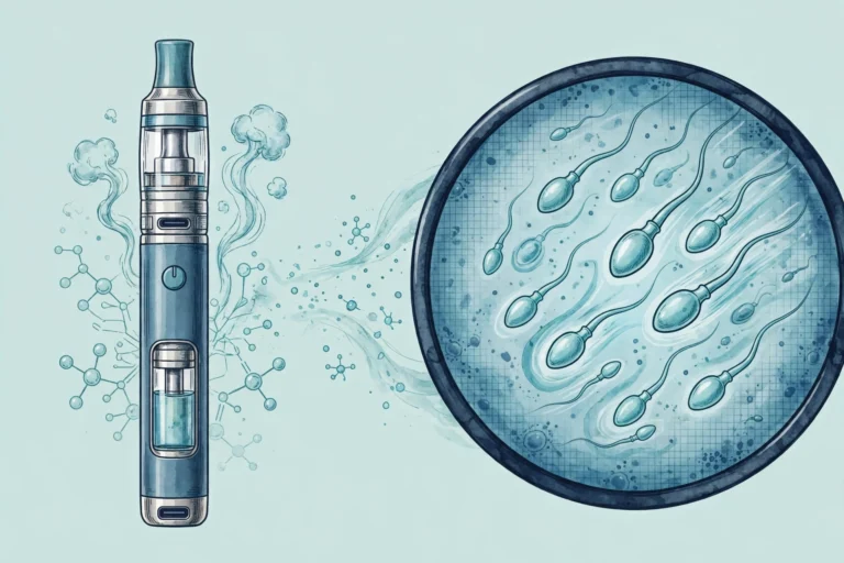 Clinical illustration of an e-cigarette vape pen beside sperm cells under a microscope, examining whether vaping affects male fertility