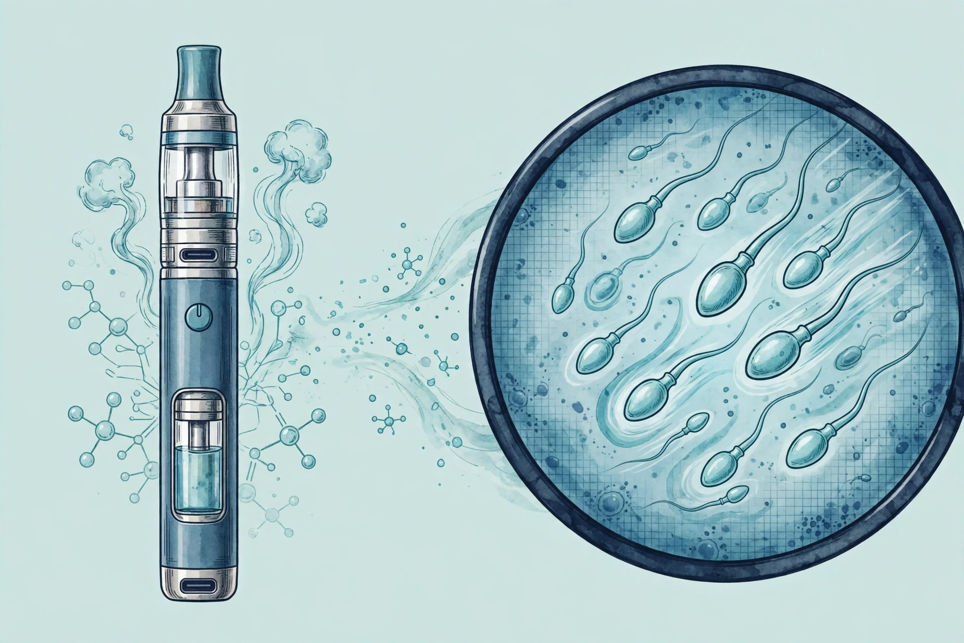 Clinical illustration of an e-cigarette vape pen beside sperm cells under a microscope, examining whether vaping affects male fertility