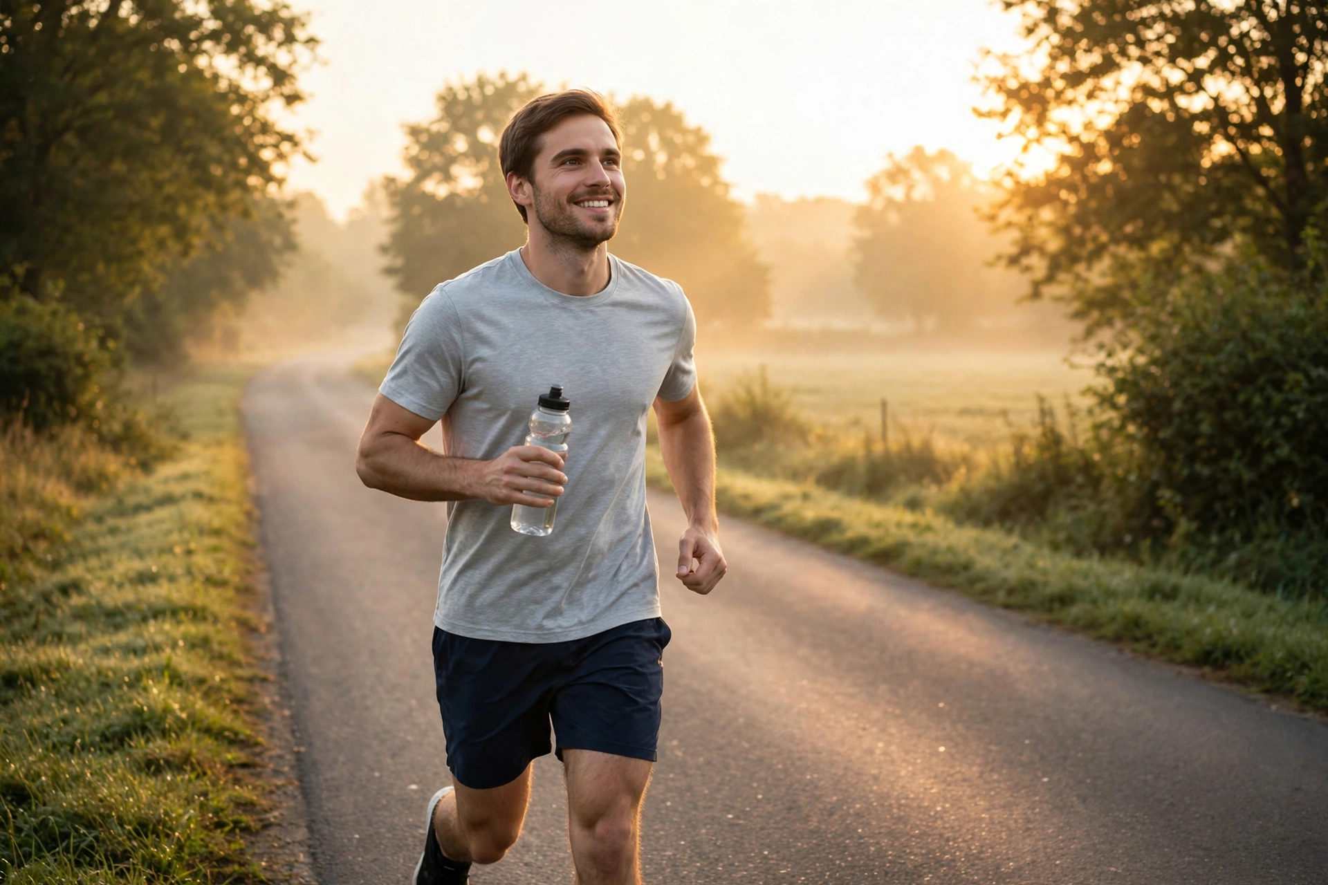 Young man jogging on a country road at sunrise after quitting vaping, symbolizing male fertility recovery through healthy habits