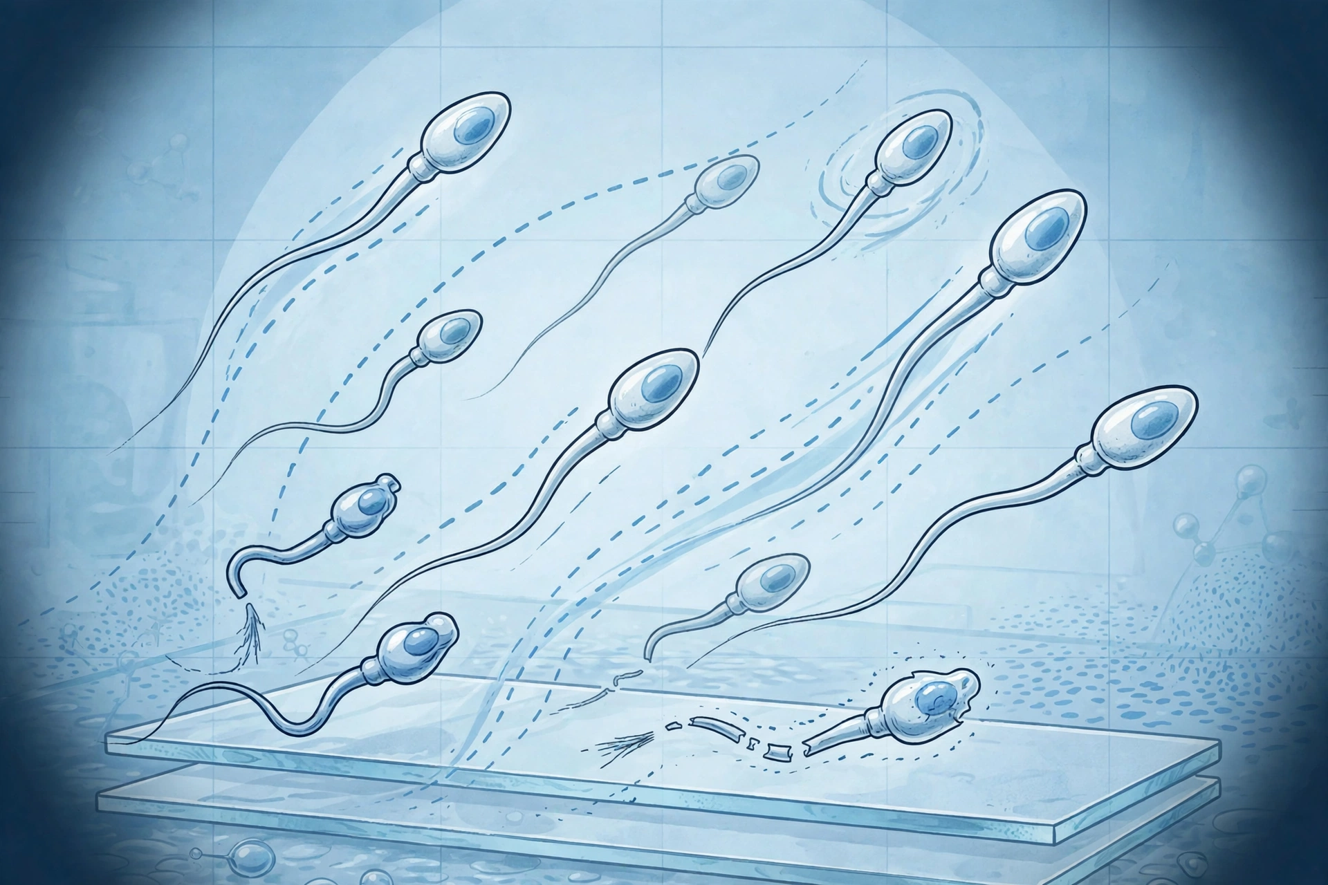 Clinical-style illustration of swimming sperm cells, some damaged, representing how vaping affects sperm motility and quality