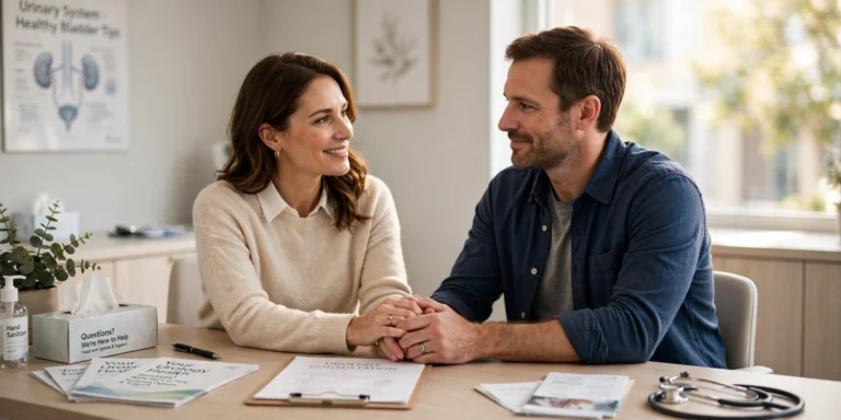 Couple holding hands at a urology clinic consultation about vasectomy reversal success rates