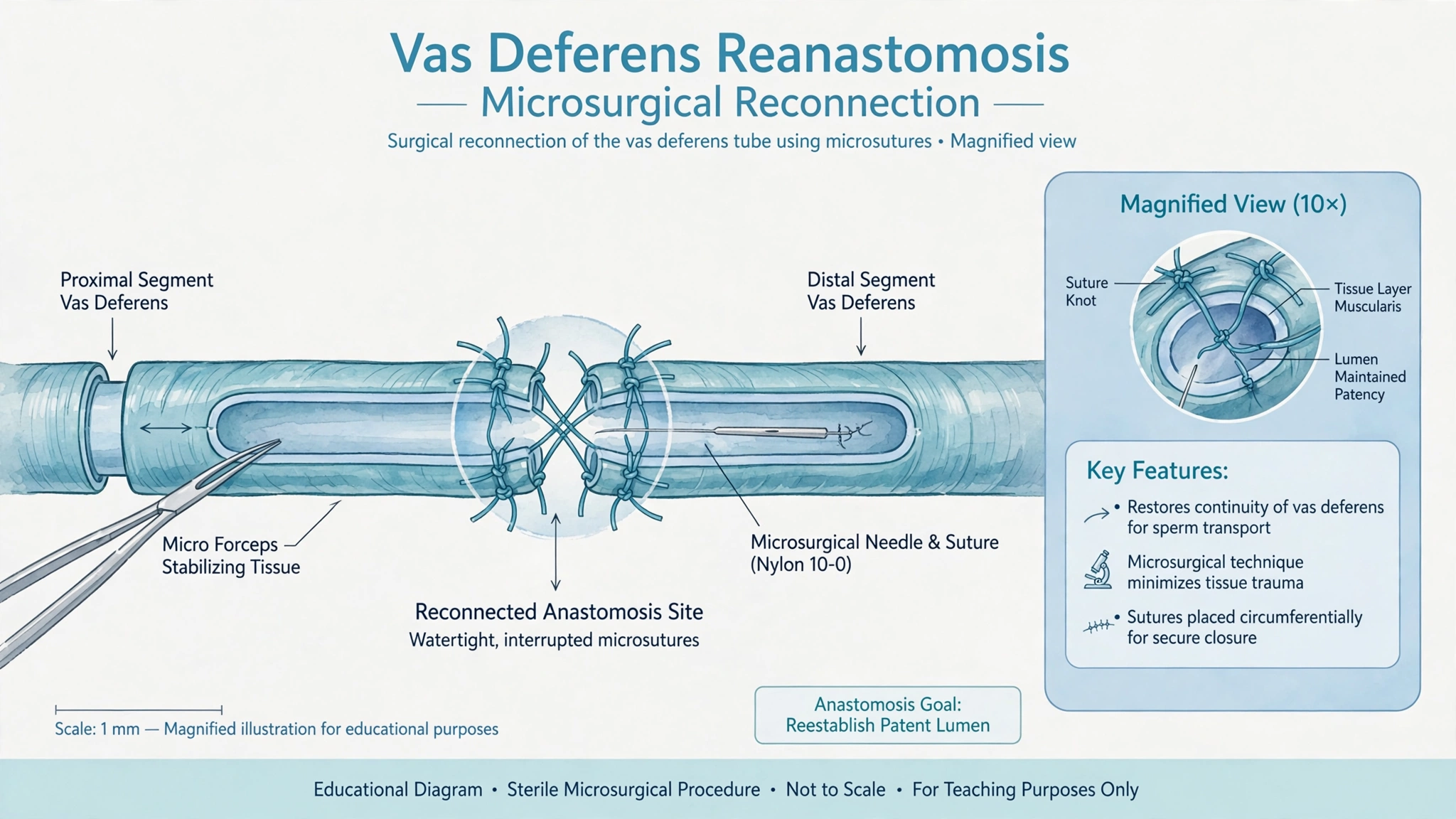 Medical illustration showing the vas deferens being reconnected during vasectomy reversal