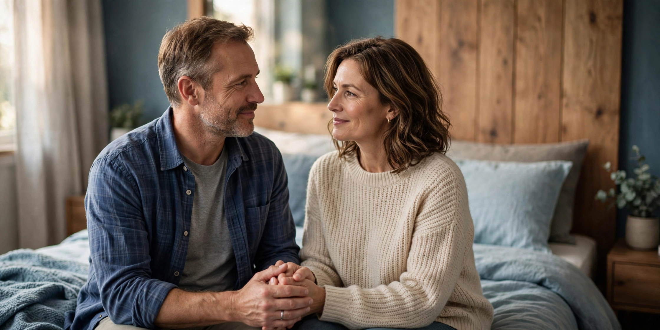 Mature couple holding hands in a warm, calm bedroom, discussing health options together