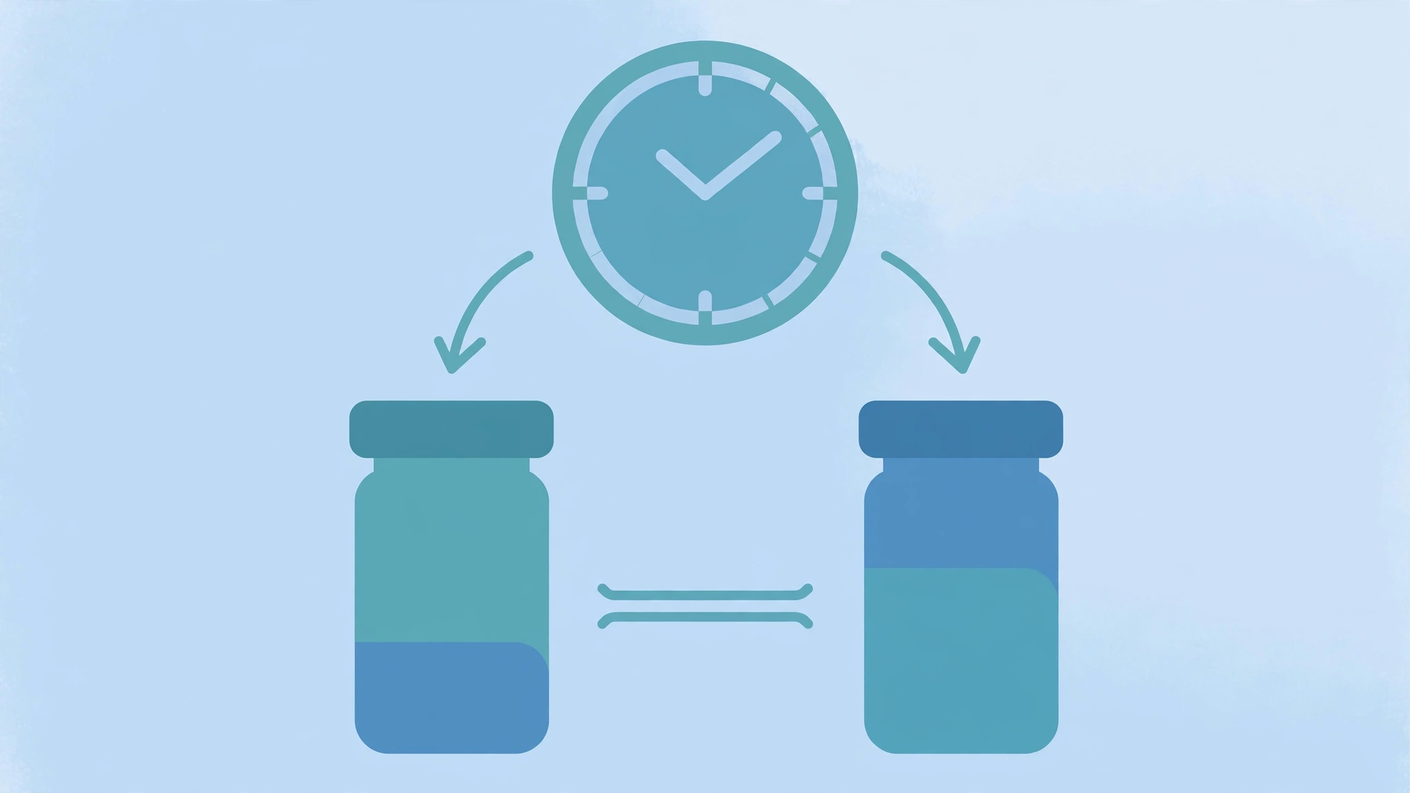Medical infographic concept showing a clock and pill bottles representing medication duration comparison — viagra vs cialis differences